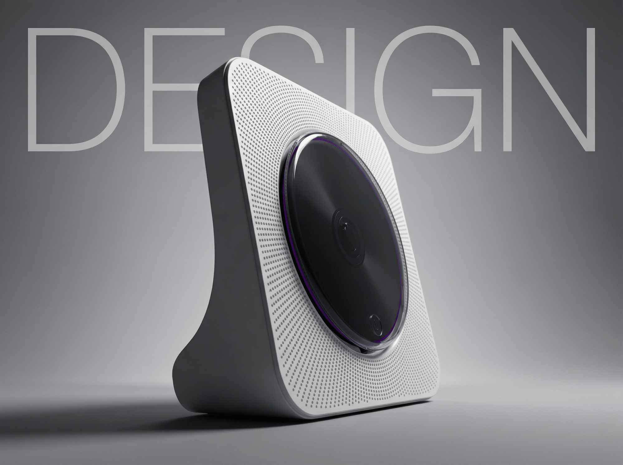 Weißer CD-Player mit schwarzer Disc und violetter Akzent, vor grauem Hintergrund mit Text 'DESIGN'.