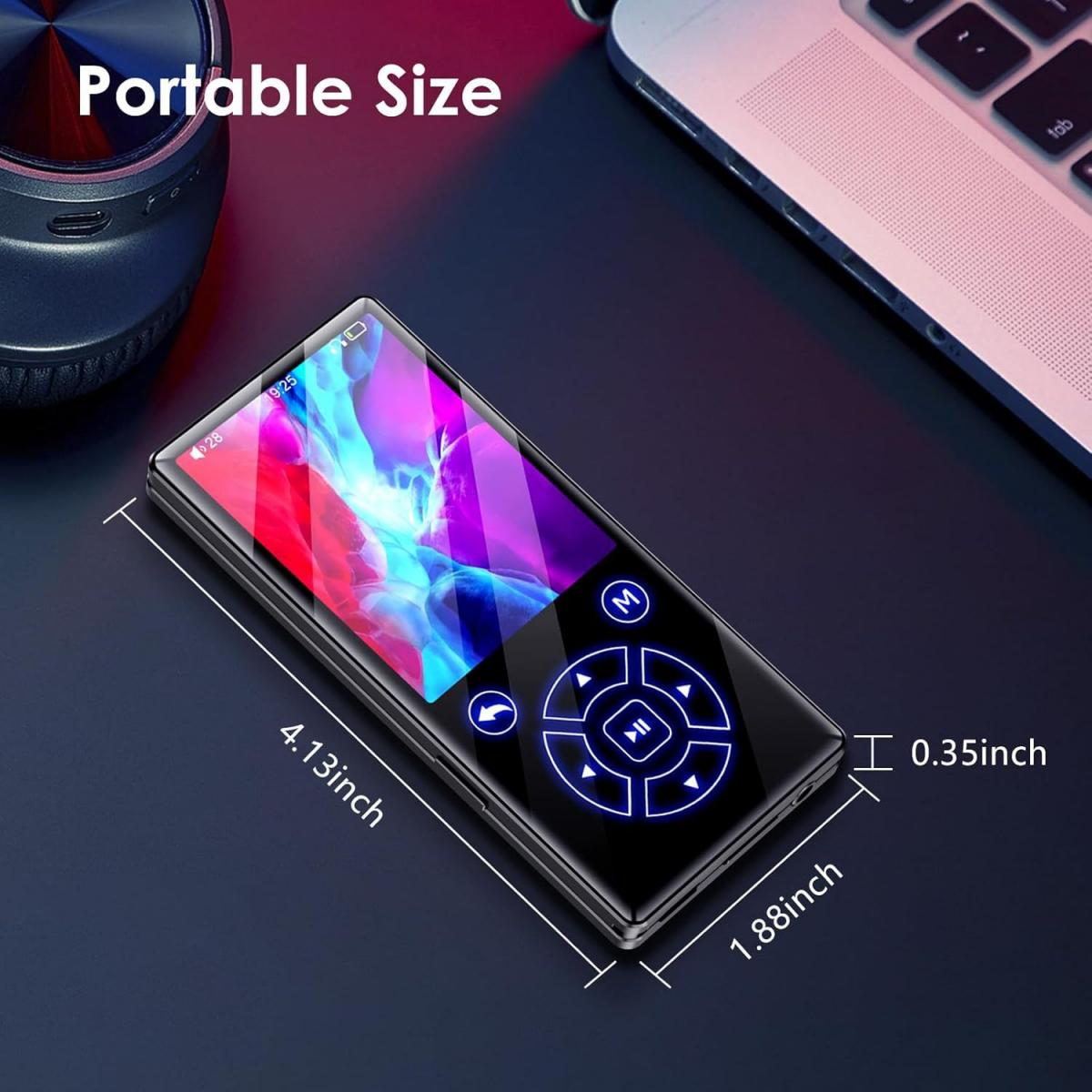 Schwarzer MP3-Player mit farbigem Display, Steuertasten und Maßen.