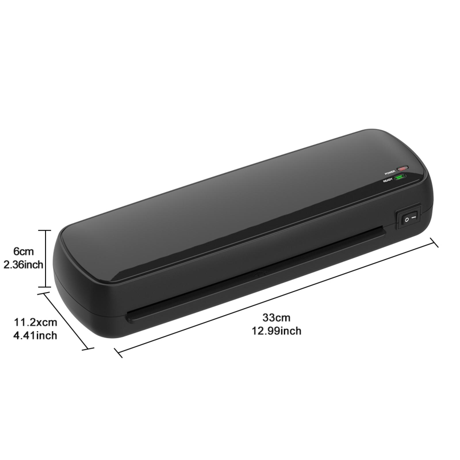 Ein schwarzer Laminator mit den Maßen 33x11,2x6cm. Strom- und Bereitschaftsanzeigen.