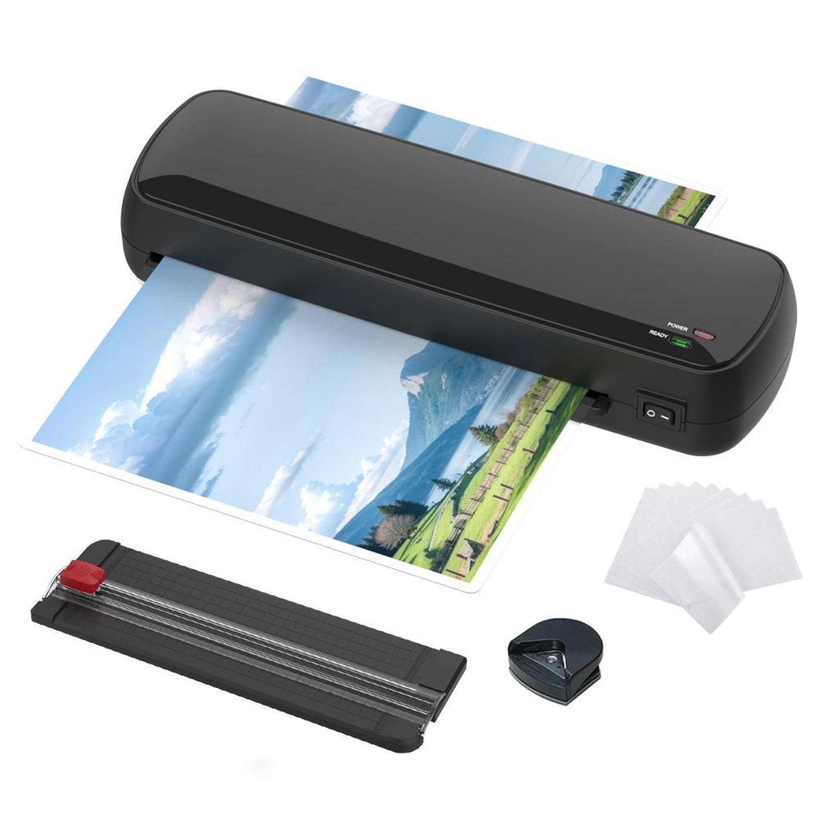 Schwarzer Laminator mit Landschaftsfotos, Papierschneider, Eckenschneider und Beuteln.