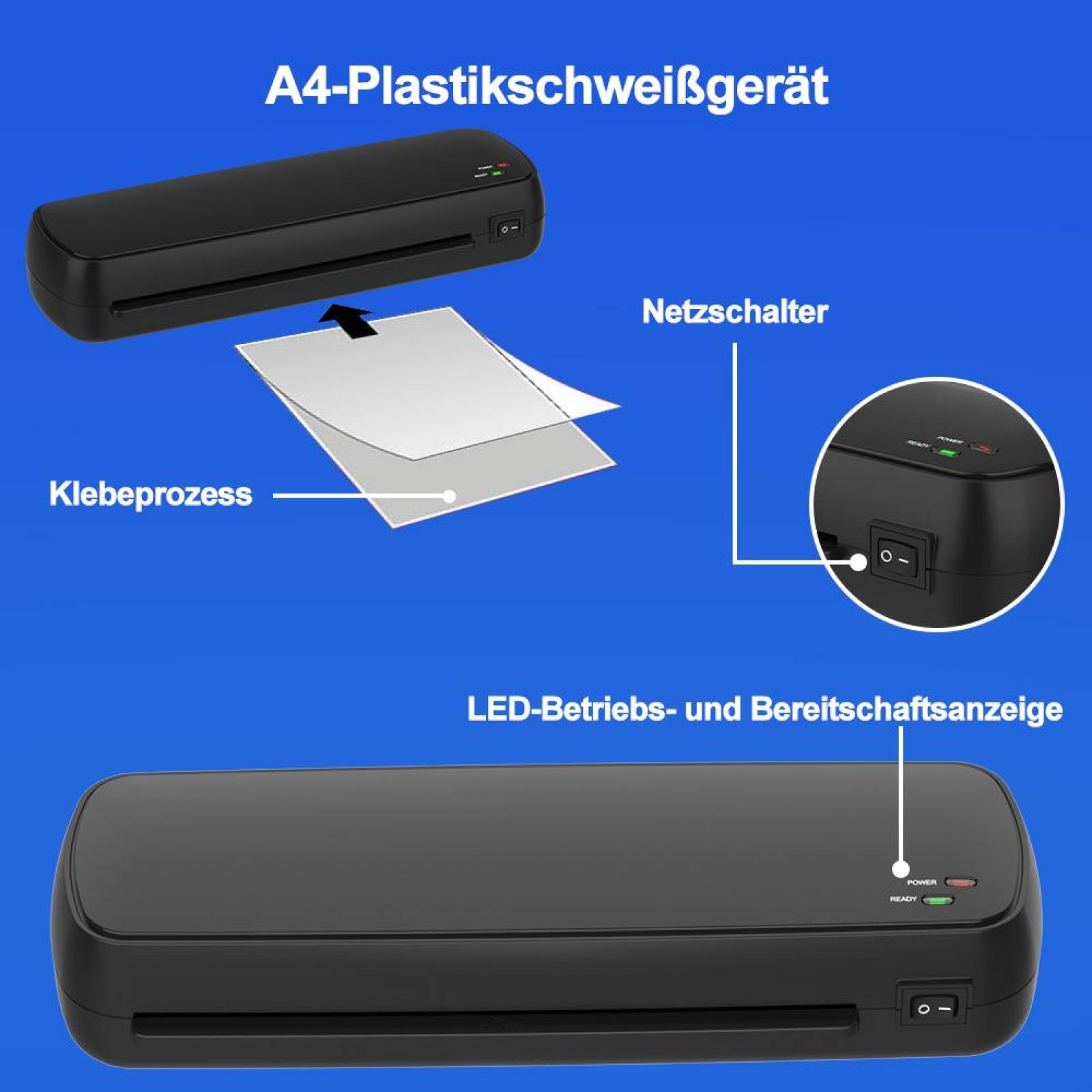 Ein schwarzes A4-Laminiergerät mit Details zu Klebeprozess, Netzschalter und LEDs.