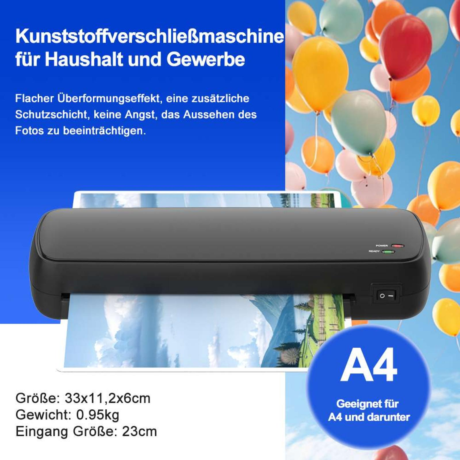 Ein schwarzer Laminator mit Landschaftsbild wird gezeigt. Farbige Ballons schweben im Hintergrund.