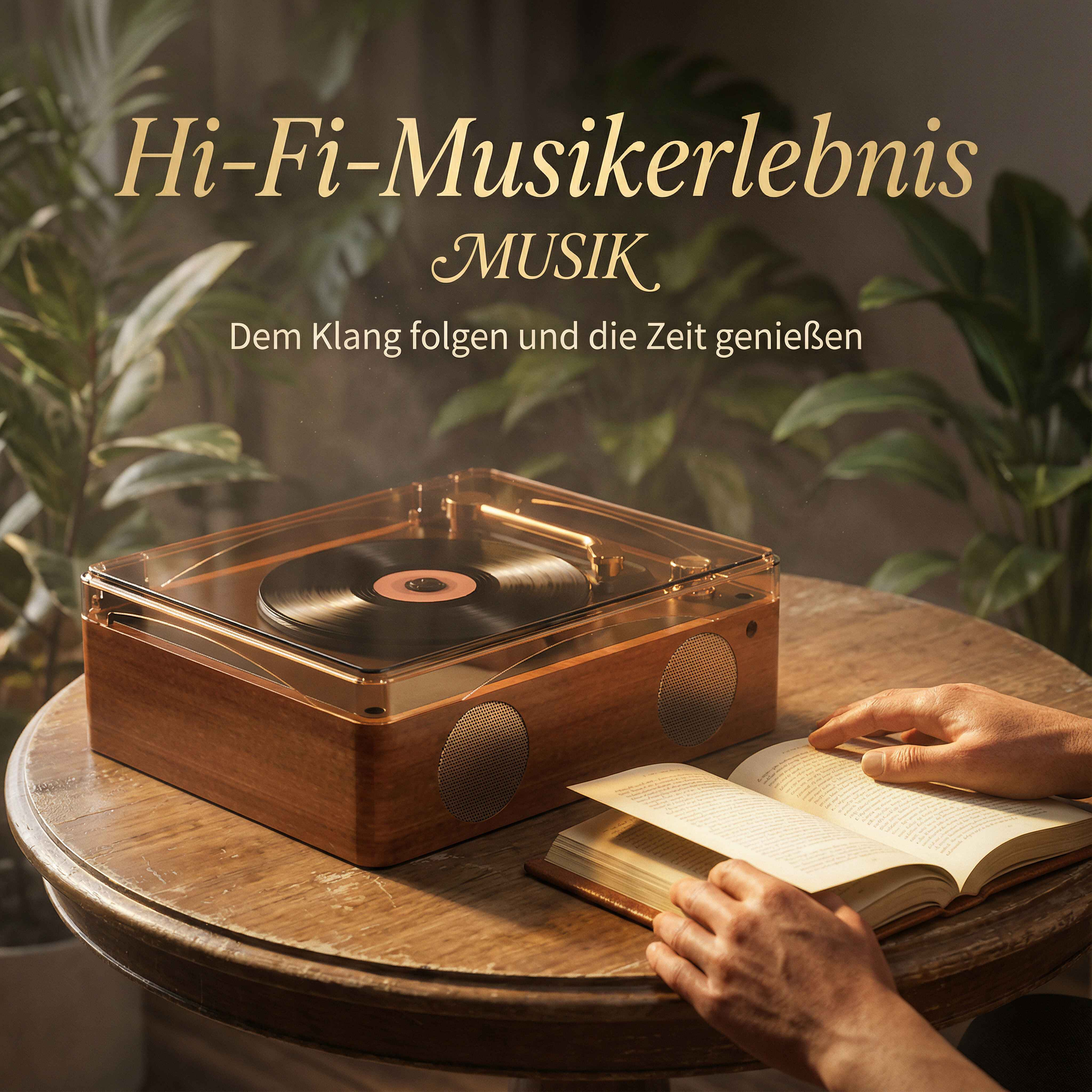 Ein Plattenspieler steht auf einem Holztisch neben einem Buch, das von Händen gehalten wird.