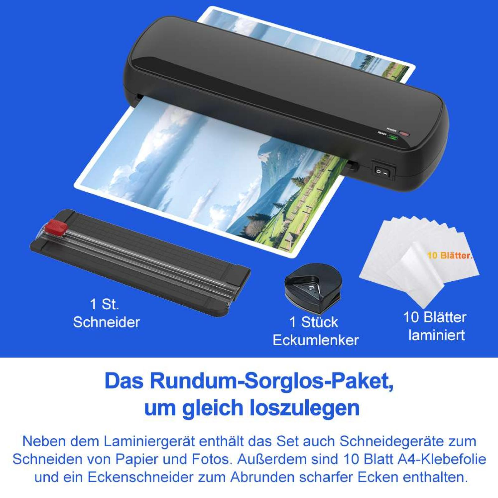 Laminiergerät mit Papierschneider, Eckenschneider und 10 Laminierfolien.
