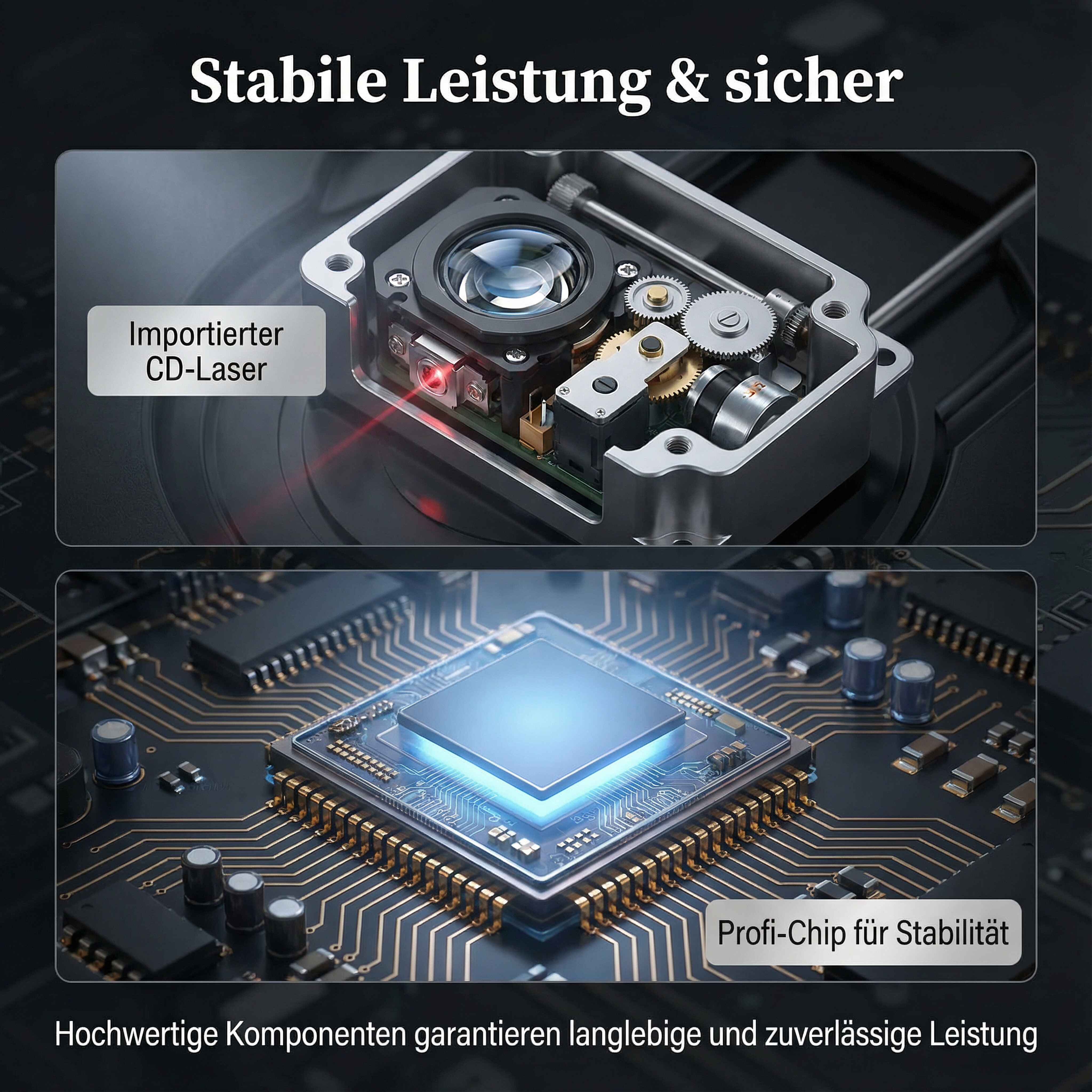 Oben: CD-Laser-Baugruppe mit Zahnrädern. Unten: Leuchtende CPU auf einer Platine.