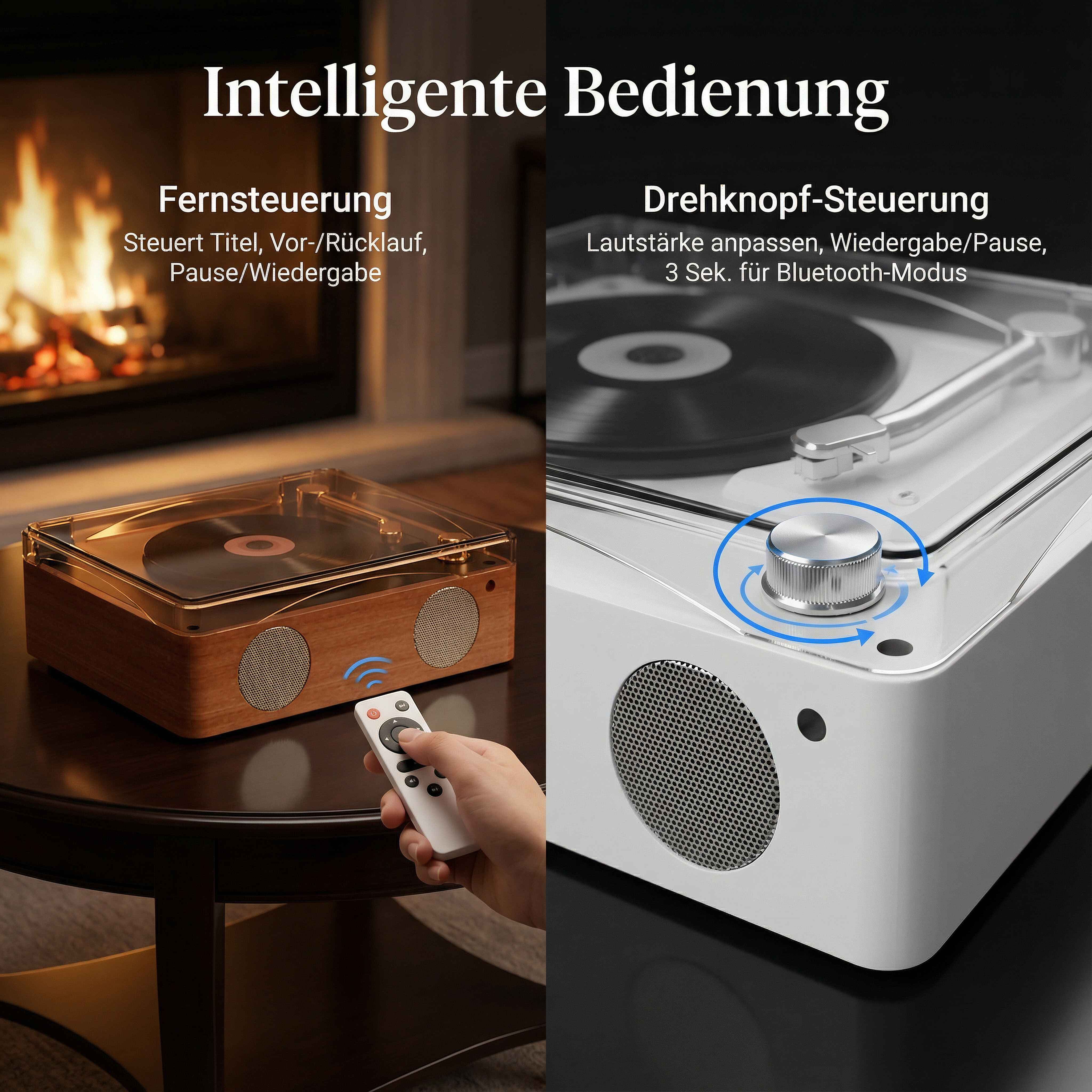 Zwei Steuerungsmodi: Fernbedienung für Titel/Wiedergabe/Pause, Drehknopf für Lautstärke/Bluetooth.