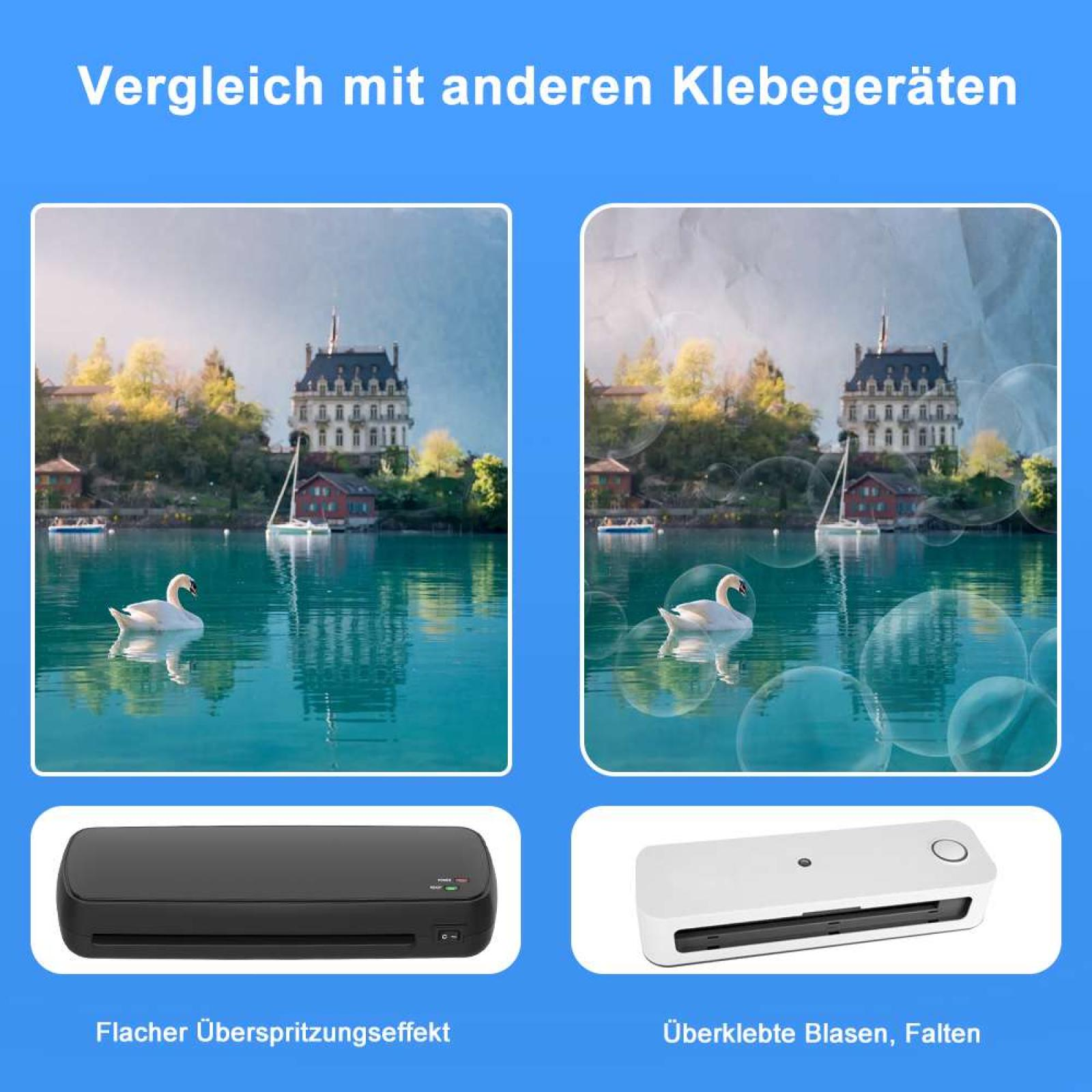 Vergleich von Laminiergeräten: Links glattes Ergebnis, rechts Blasen.