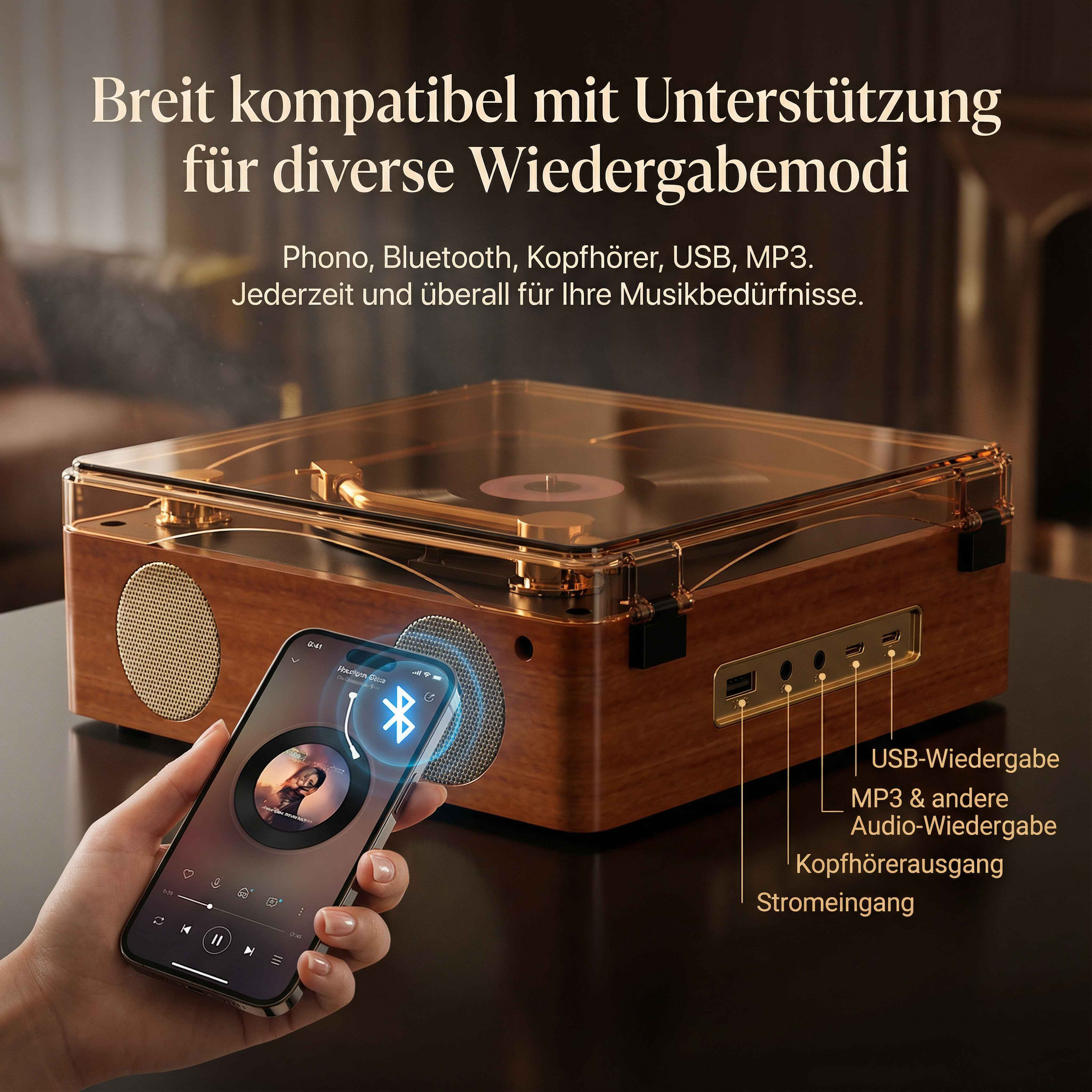 Ein Plattenspieler mit Holzgehäuse, daneben ein Smartphone mit Musik-App.