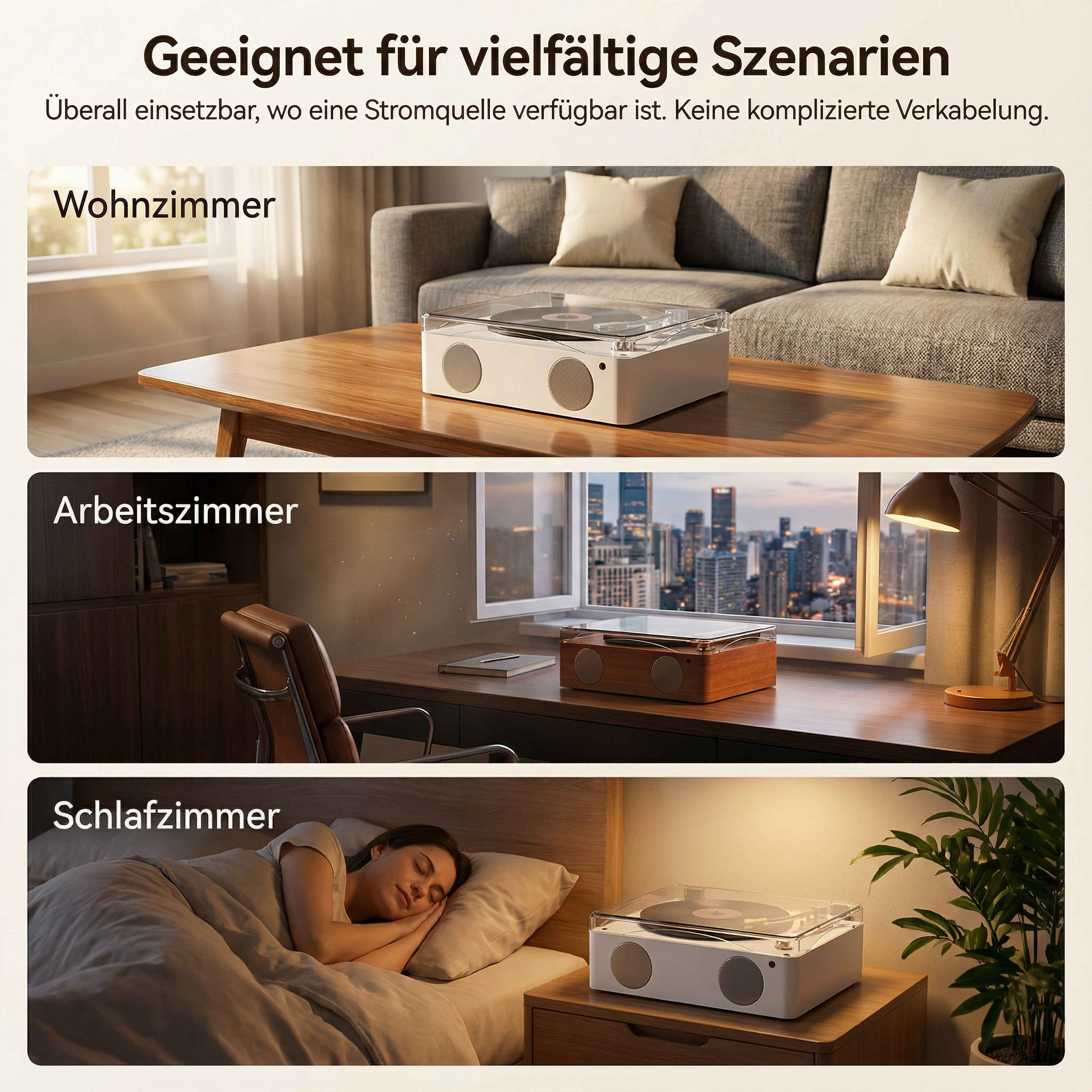 Ein Plattenspieler in drei Szenarien: Wohnzimmer, Arbeitszimmer, Schlafzimmer.