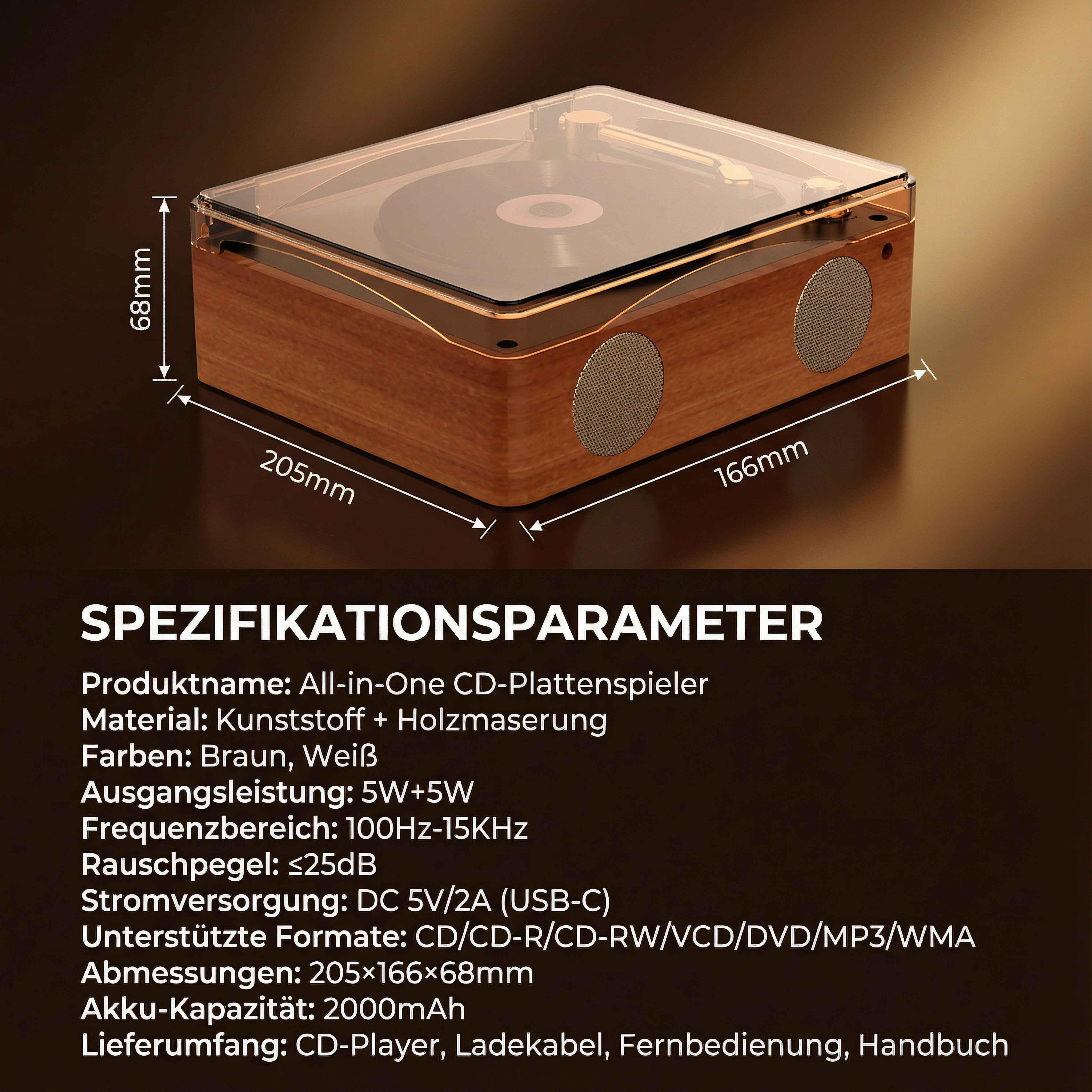All-in-One-Player, Holzmaserung, Klarsichtdeckel, Lautsprecher. Specs.