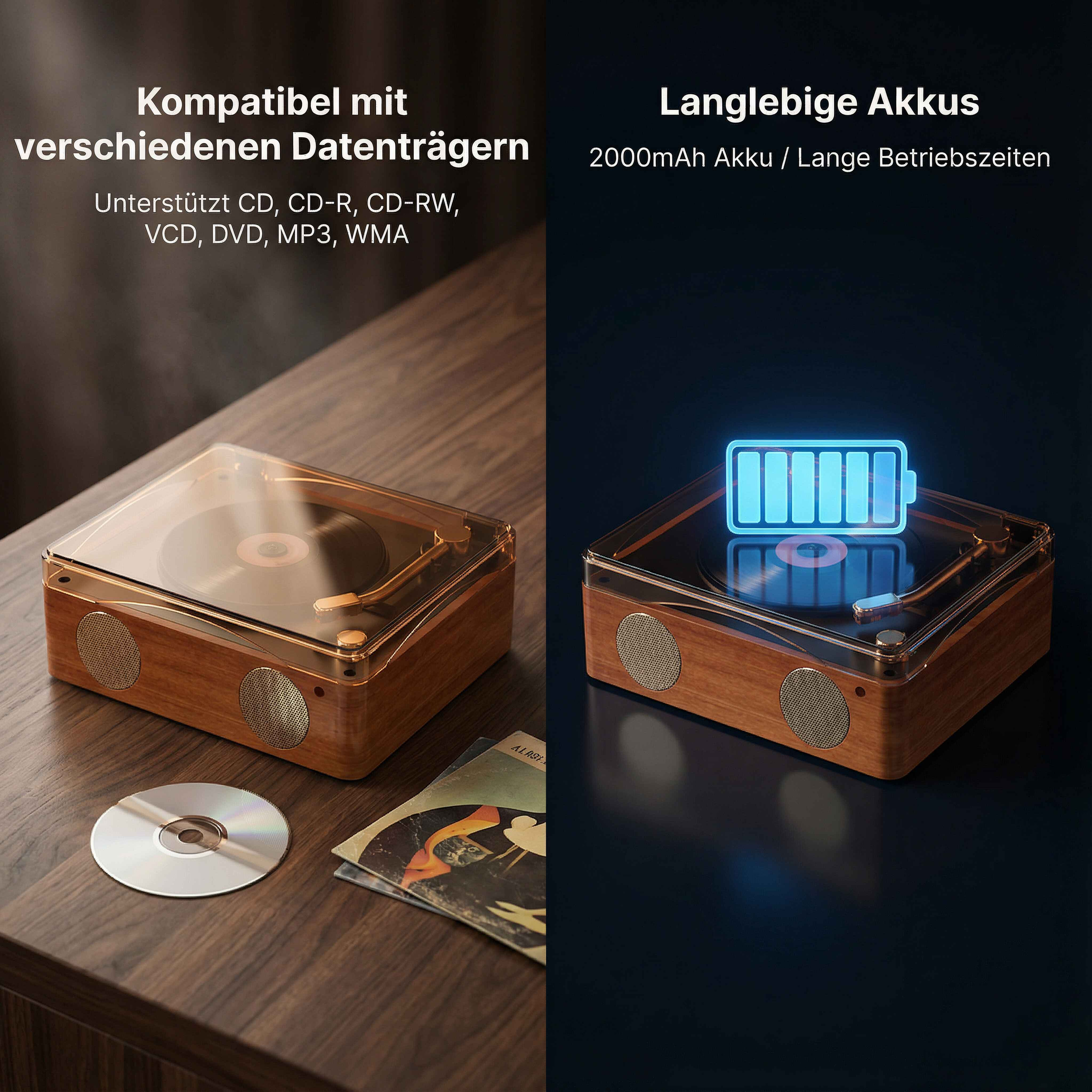 Ein hölzerner Plattenspieler mit CD-Unterstützung links, und Batteriesymbol rechts.