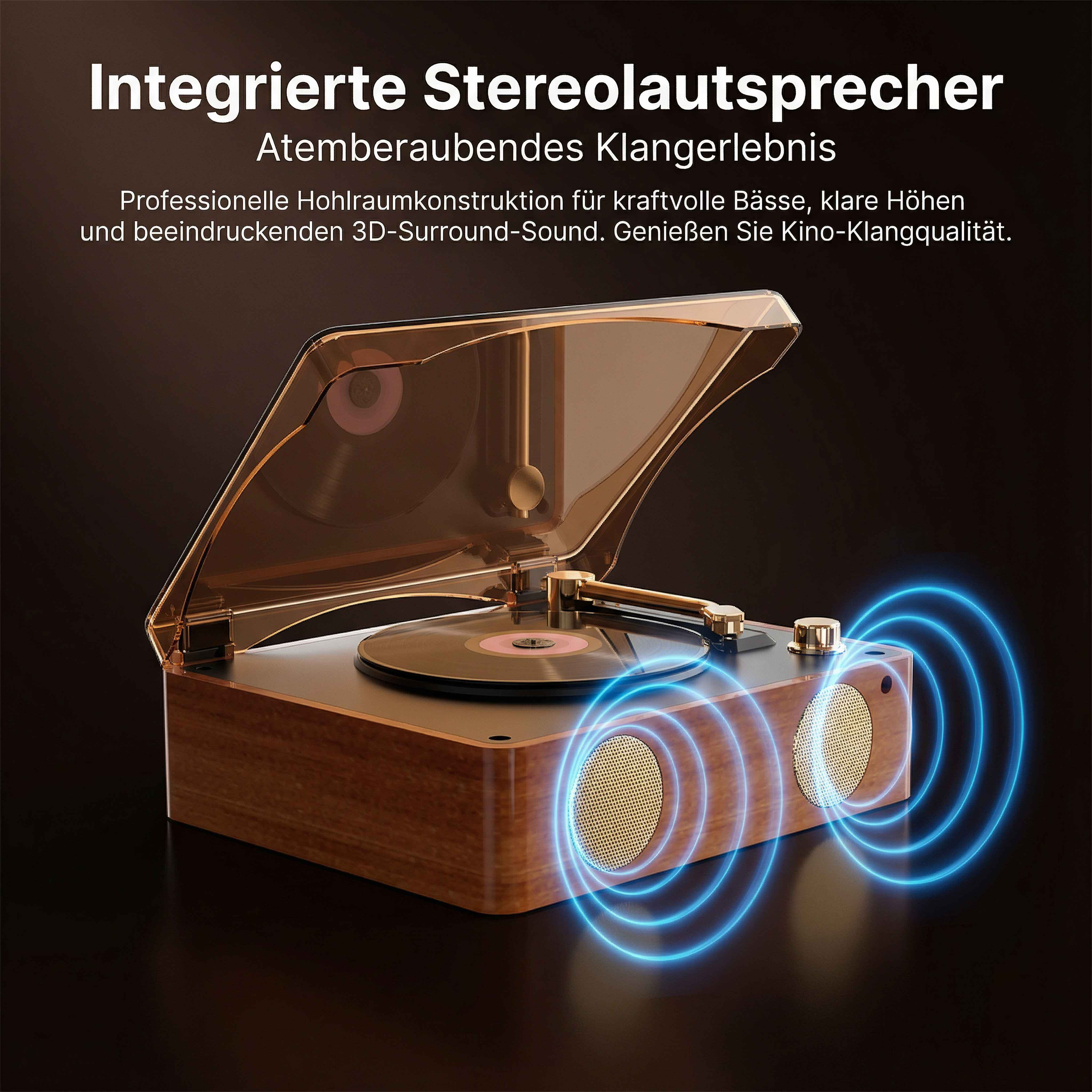 Ein Plattenspieler mit Holzgehäuse, transparentem Deckel und blauen Schallwellen.