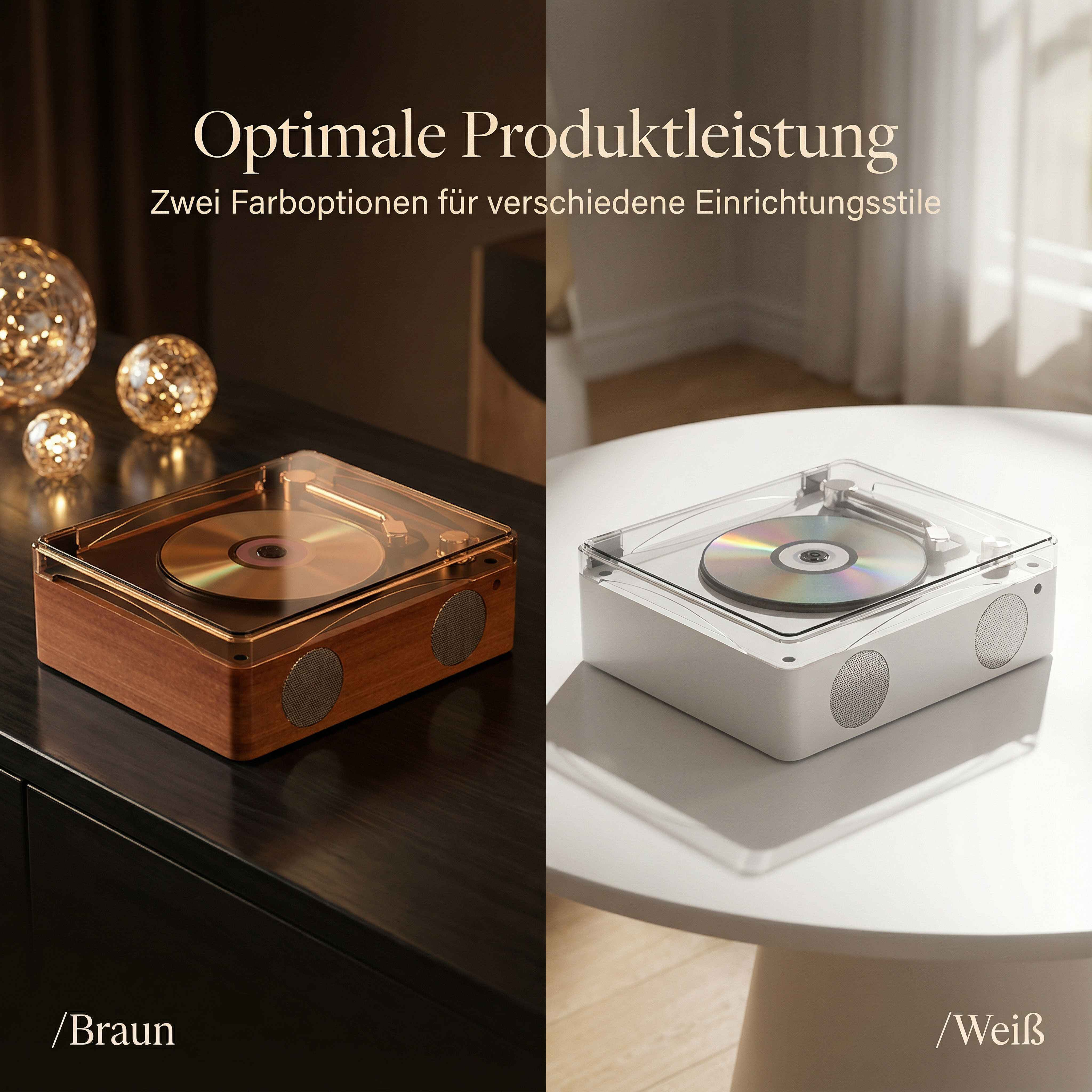 Zwei Plattenspieler, braun und weiß, mit CD und Lautsprechern.