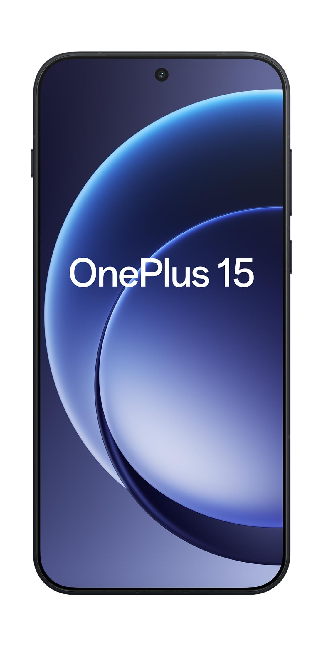 A black smartphone displaying "OnePlus 15" text against a blue background.