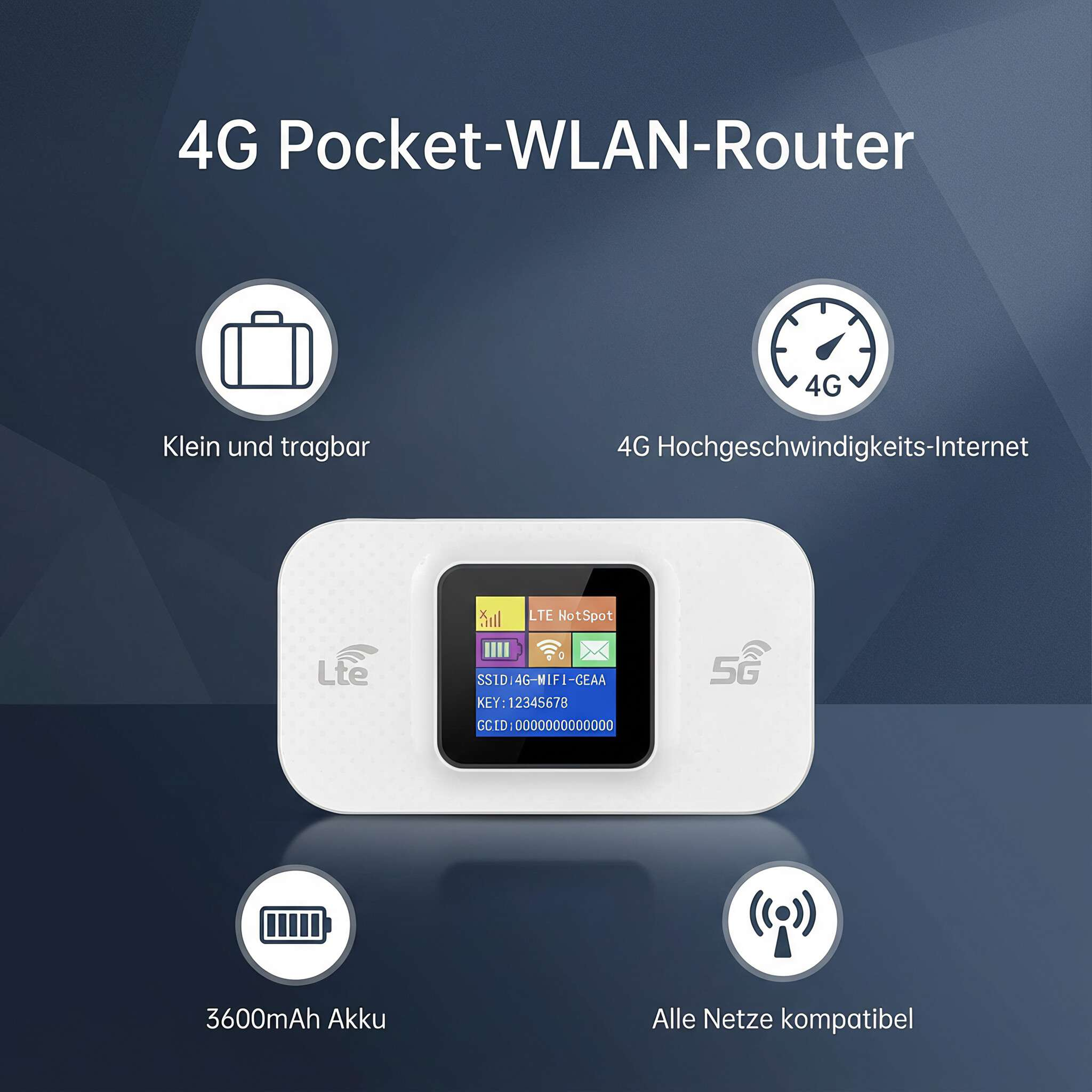Ein weißer 4G Pocket-WLAN-Router mit einem Bildschirm, der LTE HotSpot anzeigt.