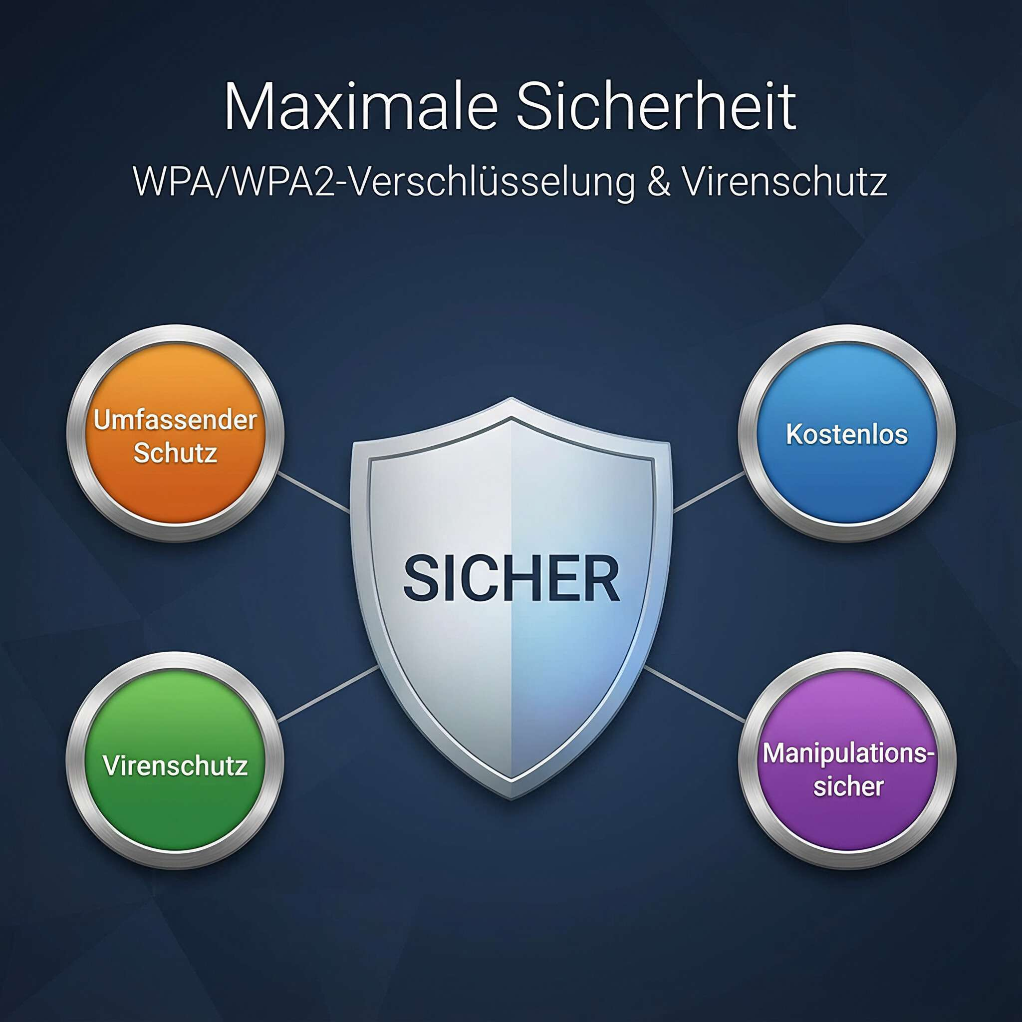 Schild mit Text SICHER, umgeben von Kreisen: Umfassender Schutz, Virenschutz, Kostenlos, Manipulationssicher.