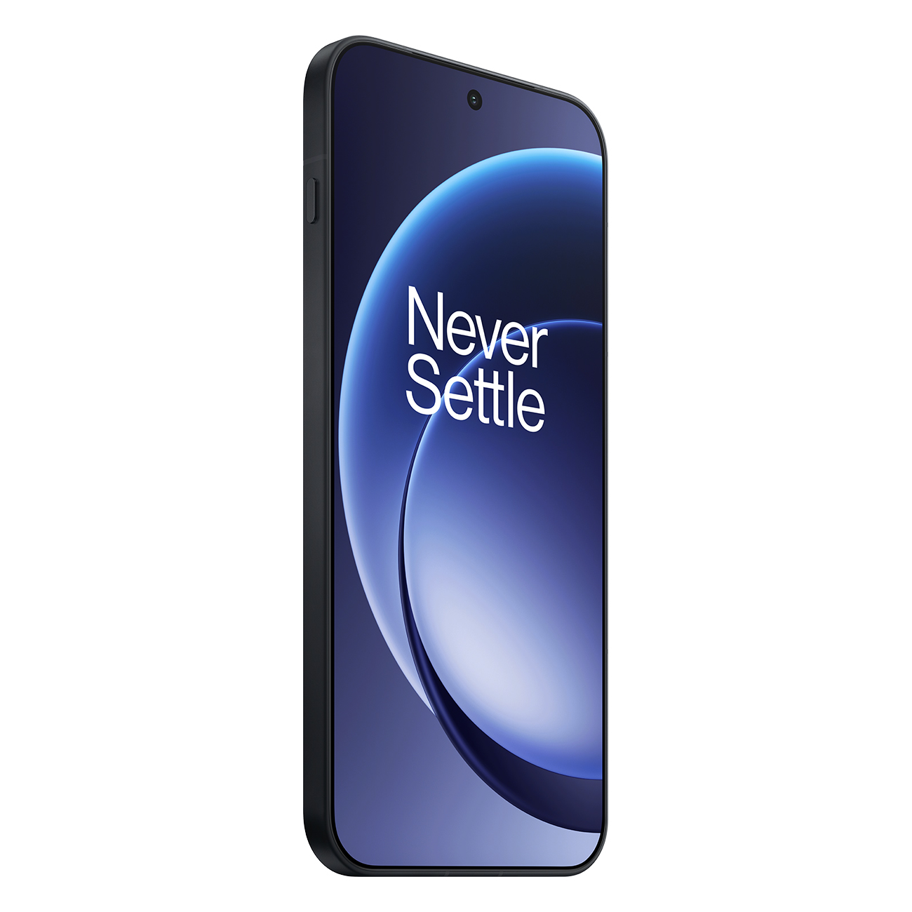 A black smartphone with a blue and white wallpaper displaying 'Never Settle'.