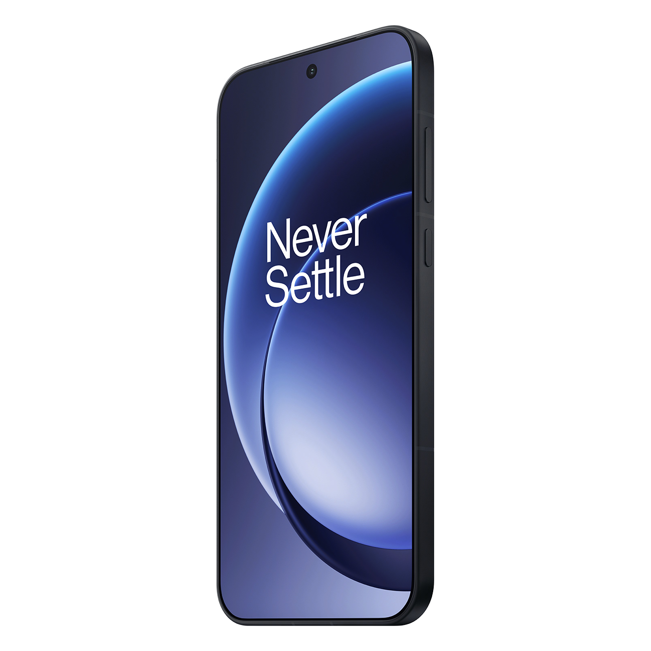 A black OnePlus smartphone with a dark blue wallpaper and white text. Never Settle.