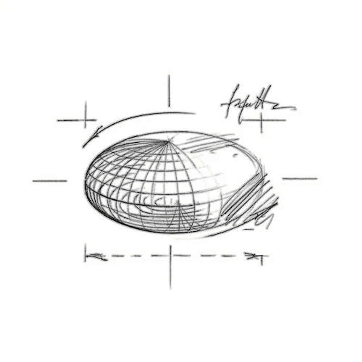 Boceto de una forma ovalada con líneas de cuadrícula, rodeada por retículas y una flecha curva.