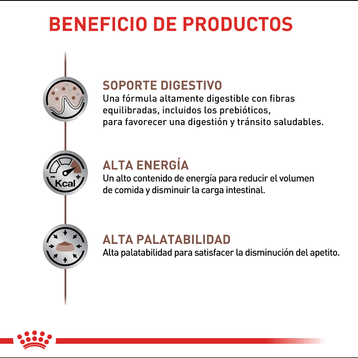 Beneficios del producto: Soporte digestivo, alta energía, alta palatabilidad con iconos.