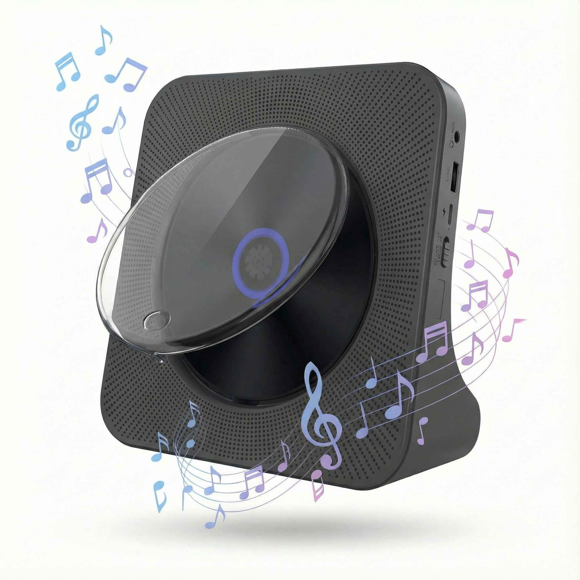 Ein schwarzer CD-Player mit transparenter Abdeckung ist von bunten Musiknoten umgeben.