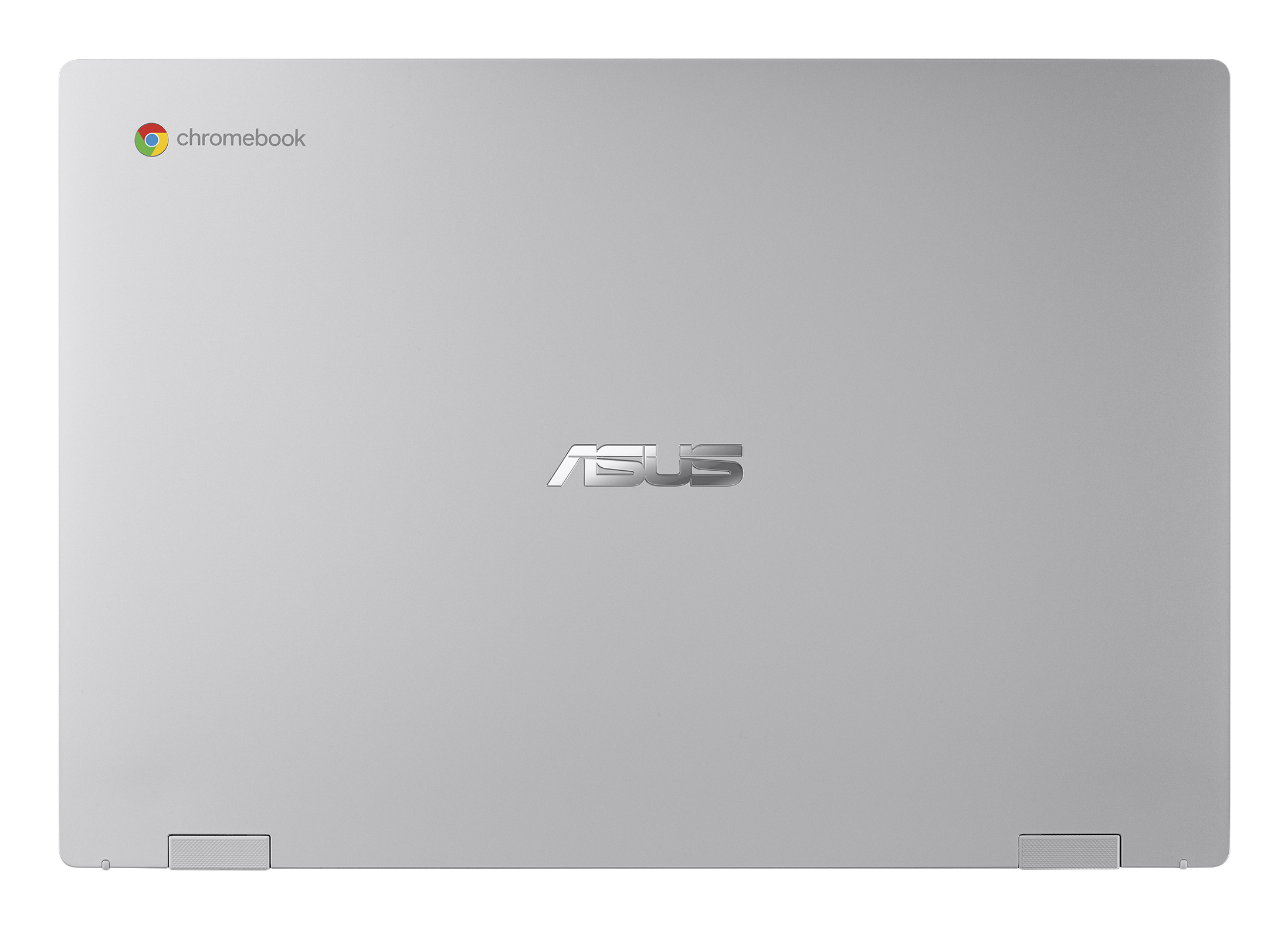 Un laptop Chromebook argentato chiuso con il logo Chromebook e il logo ASUS sul coperchio.