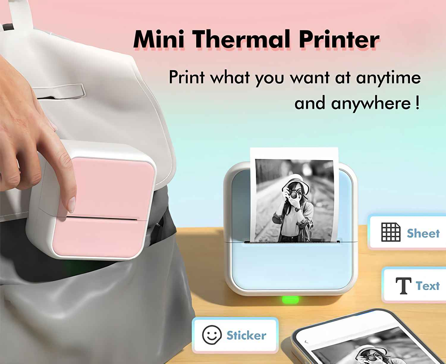 Mini-Thermodrucker drucken Fotos und Text. Einer ist rosa, einer blau mit Foto.