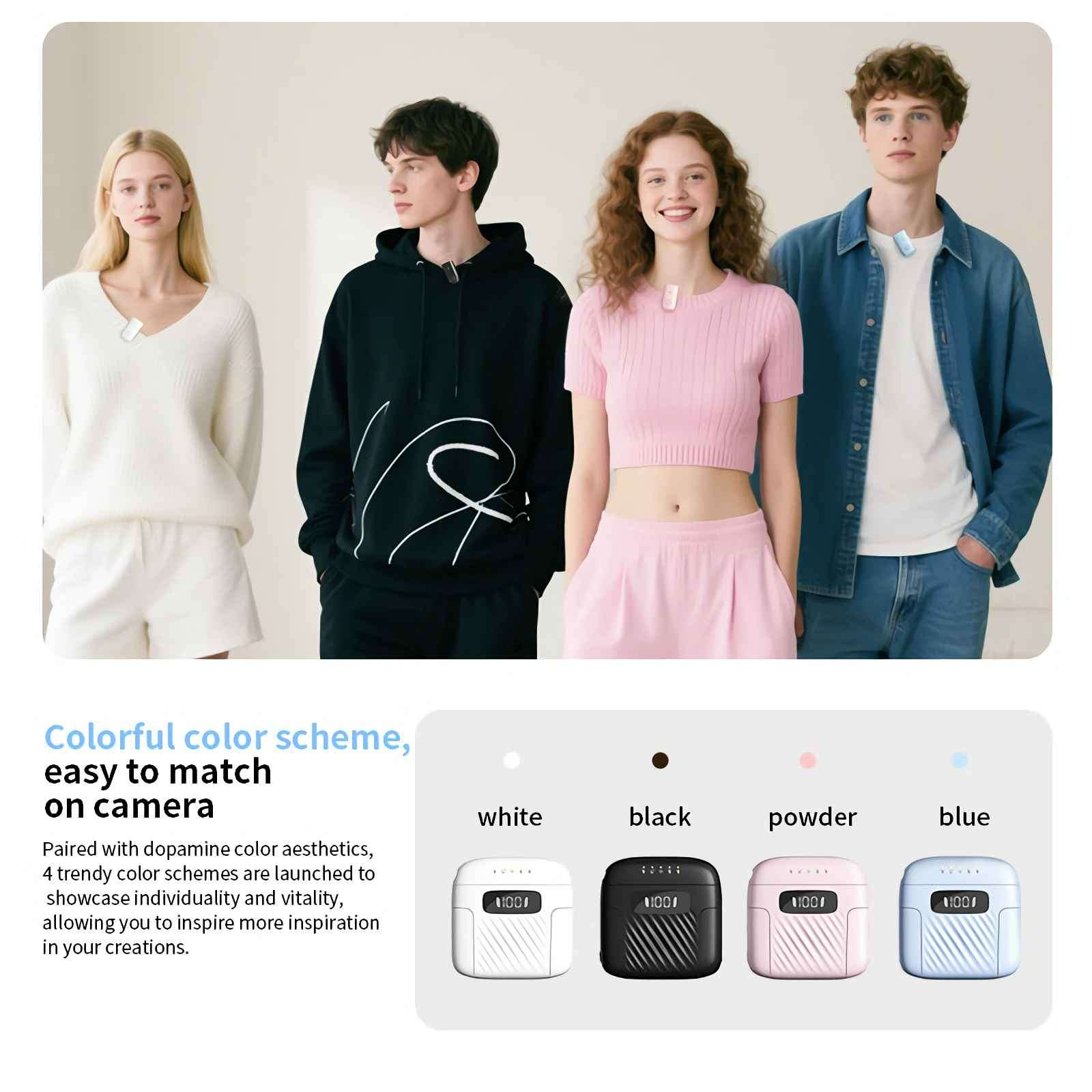 Vier Models posieren in trendigen Outfits und präsentieren weiße, schwarze, pinke und blaue Hüllen.