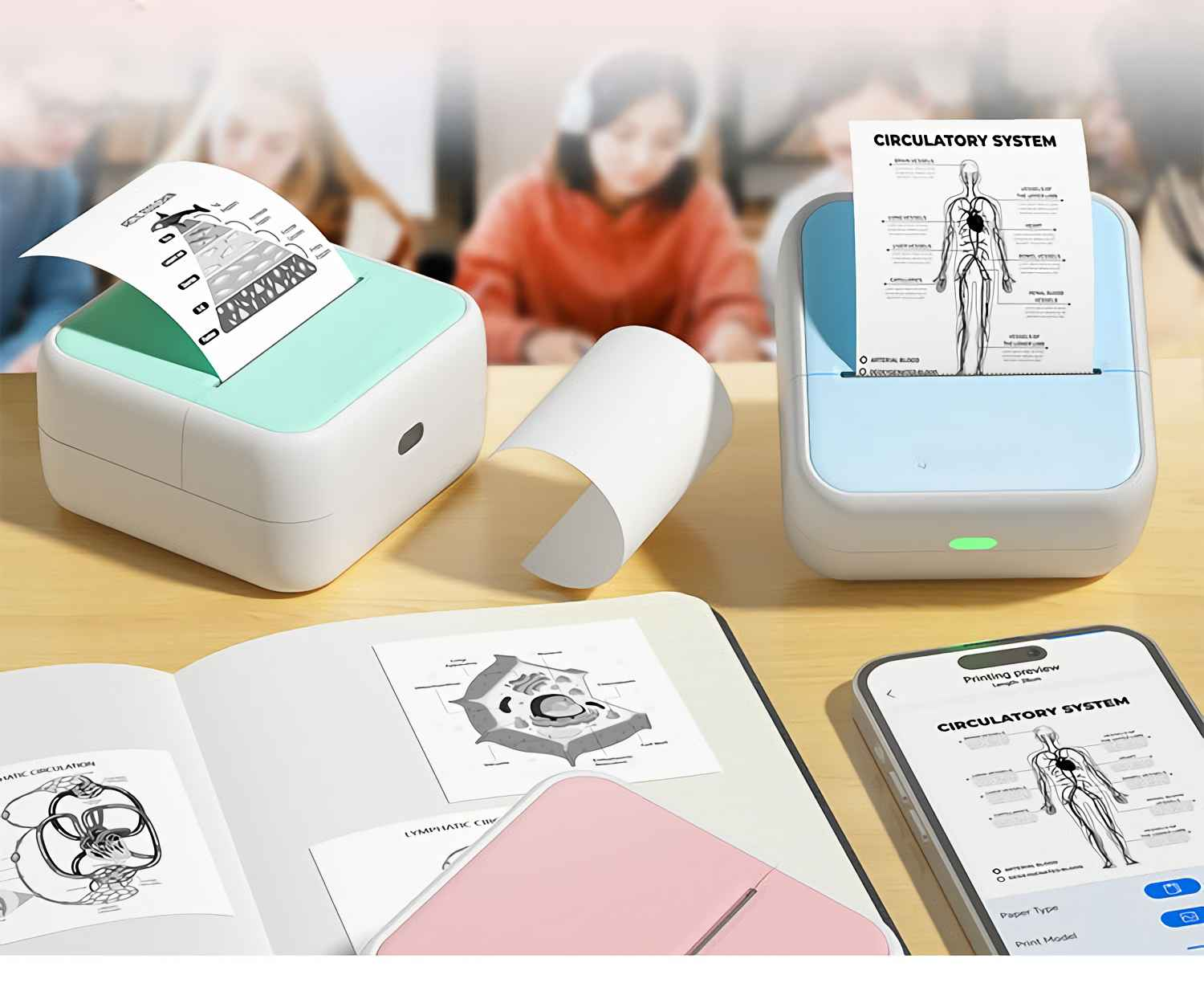 Zwei tragbare Drucker drucken Diagramme von Blutkreislauf- und Lymphsystemen. Ein Telefon zeigt eine Vorschau.