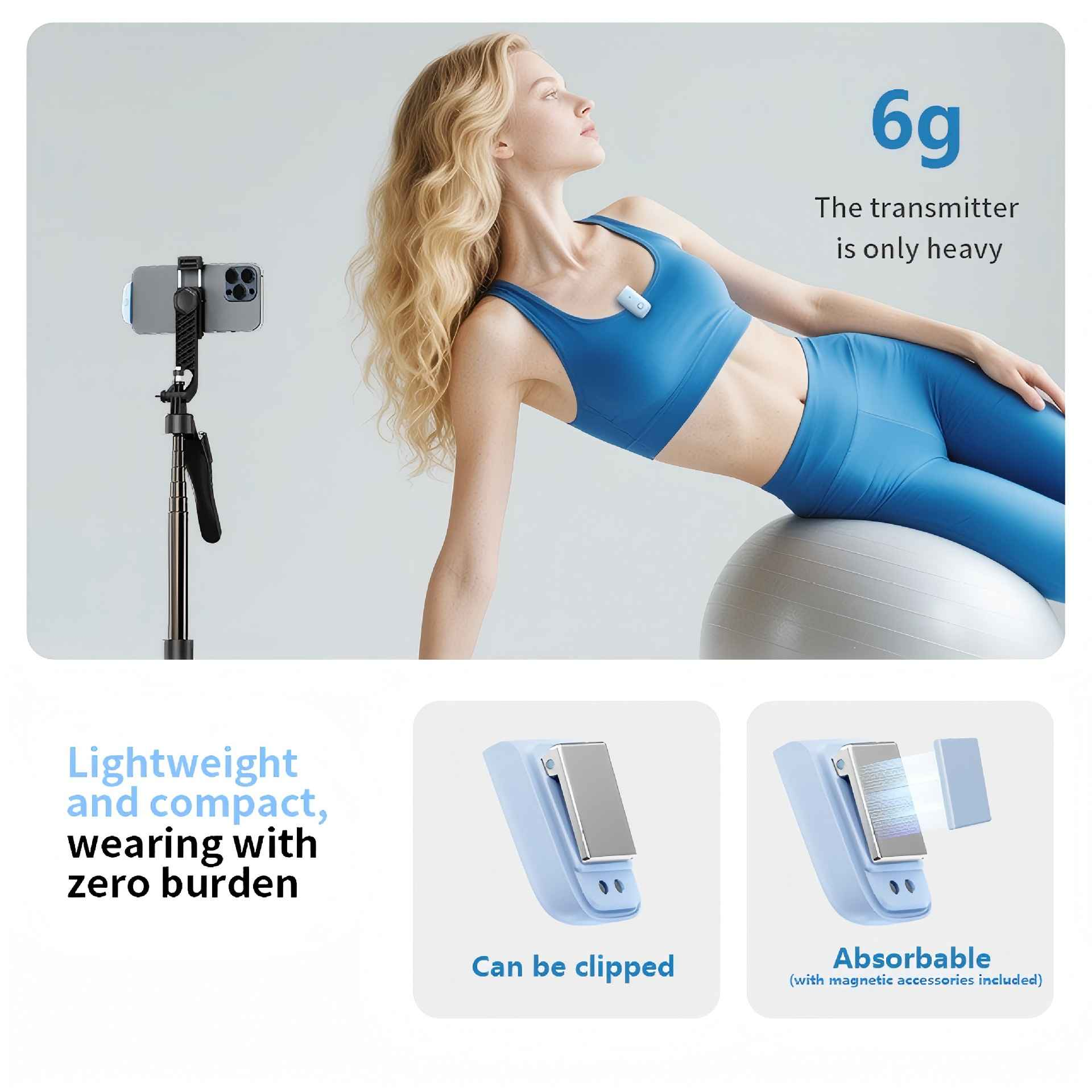 Frau im blauen Sport-BH und Leggings auf Gymnastikball. Sender clip an BH.