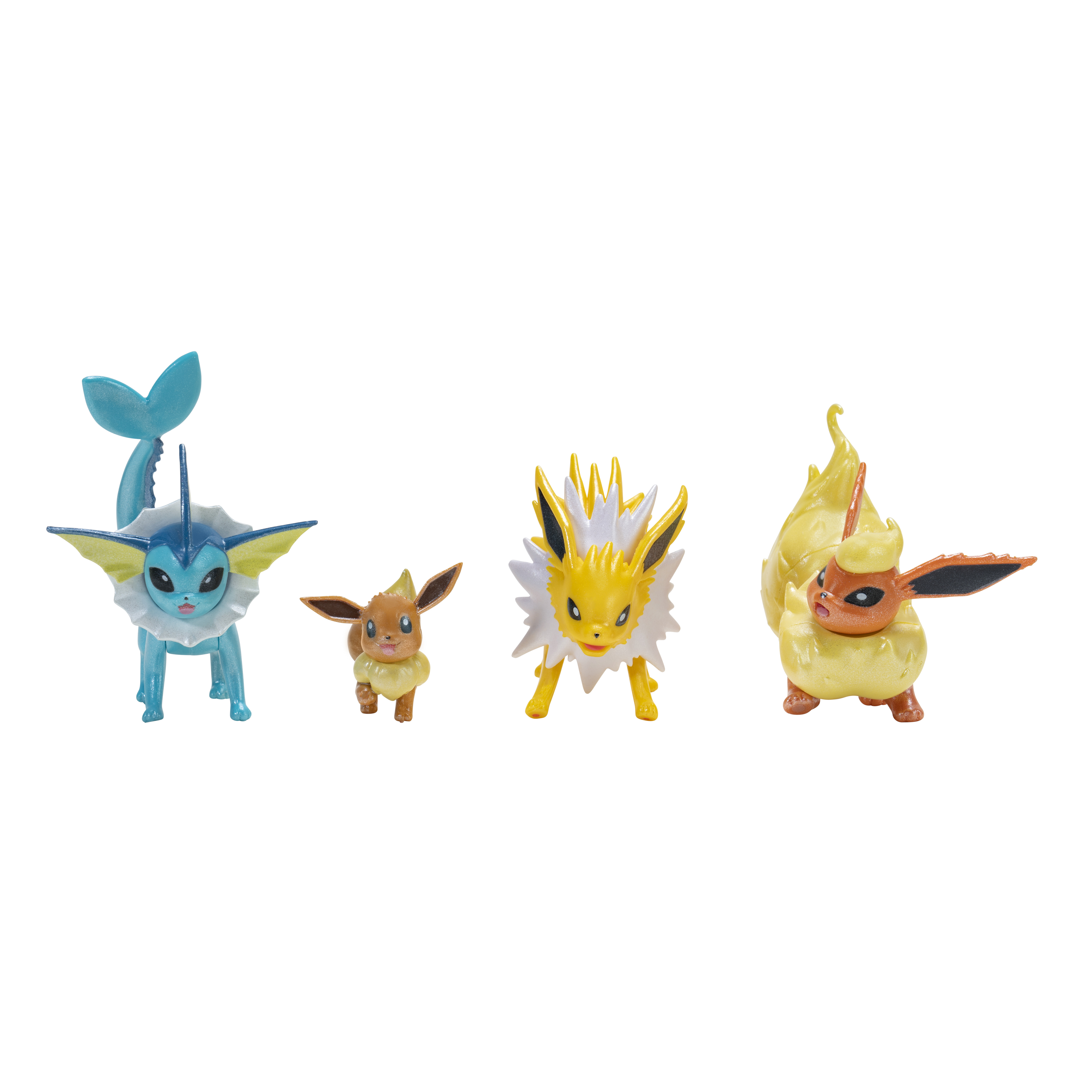 Vier Pokemon-Figuren: Vaporeon, Evoli, Jolteon und Flamara auf weißem Hintergrund.