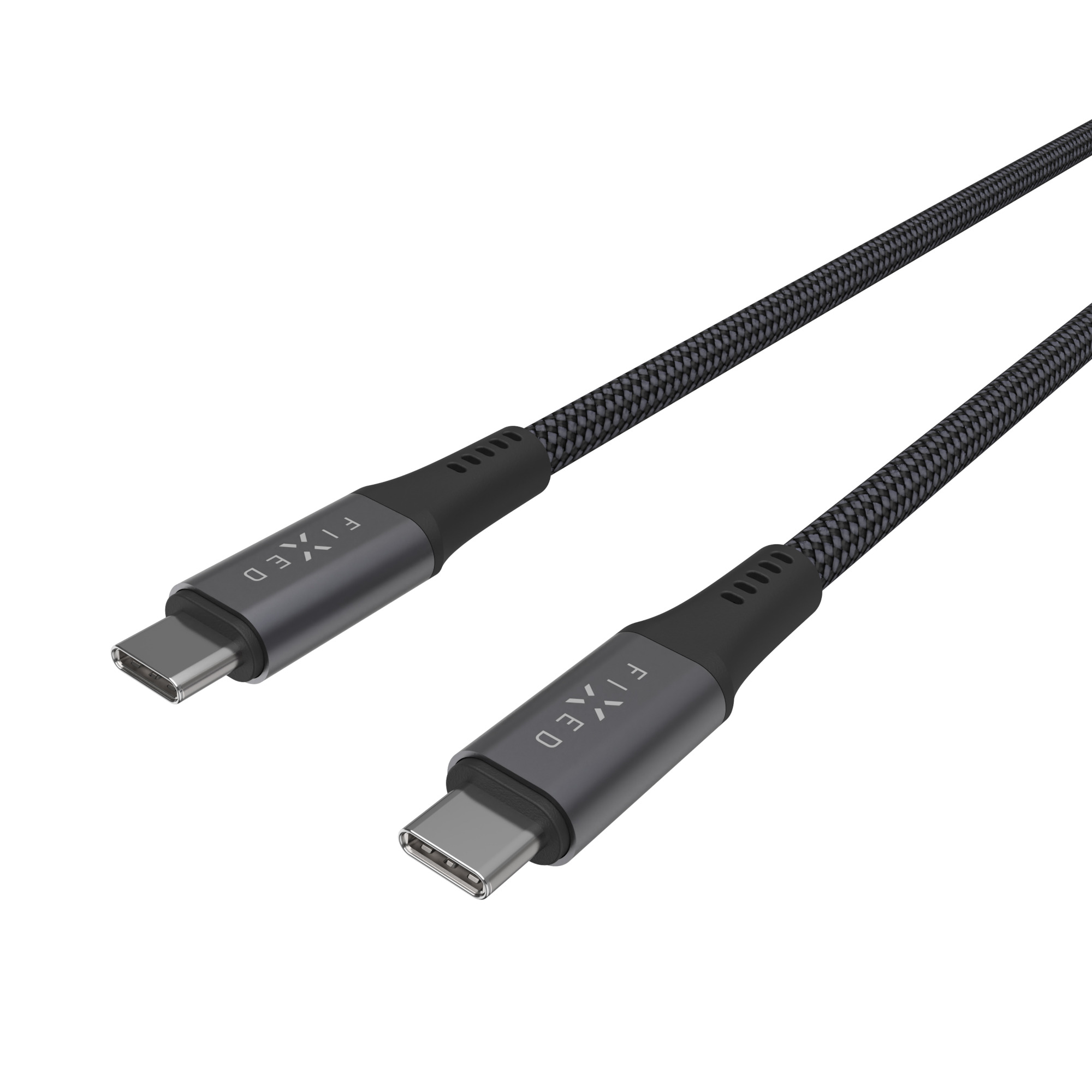Zwei schwarze USB-C-Kabel mit grauem Stecker und Stoffummantelung.
