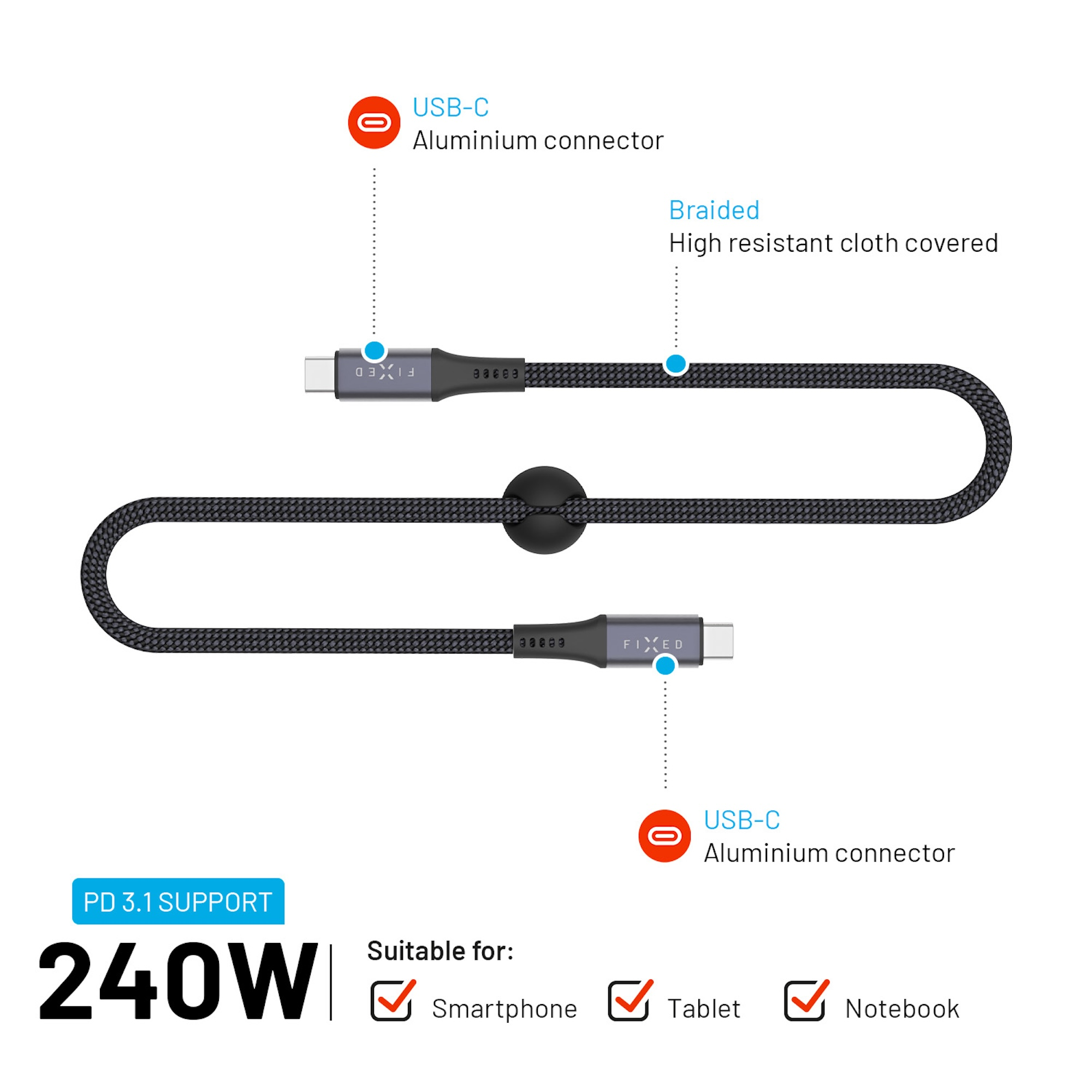 240W USB-C geflochtenes Kabel mit Aluminiumanschlüssen, unterstützt PD 3.1.