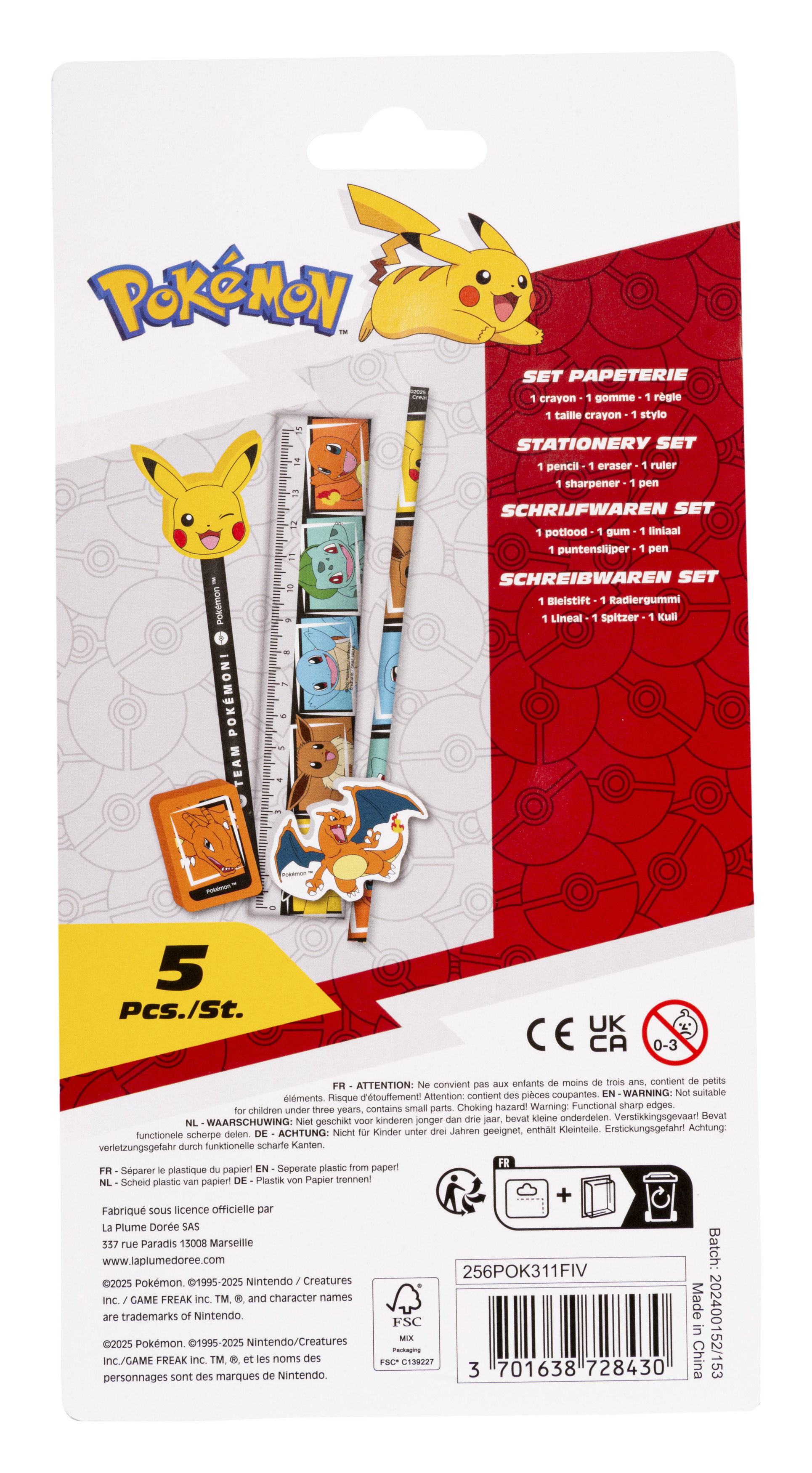 Pokémon Schreibwaren-Set mit Pikachu, Charizard und anderen Charakteren.