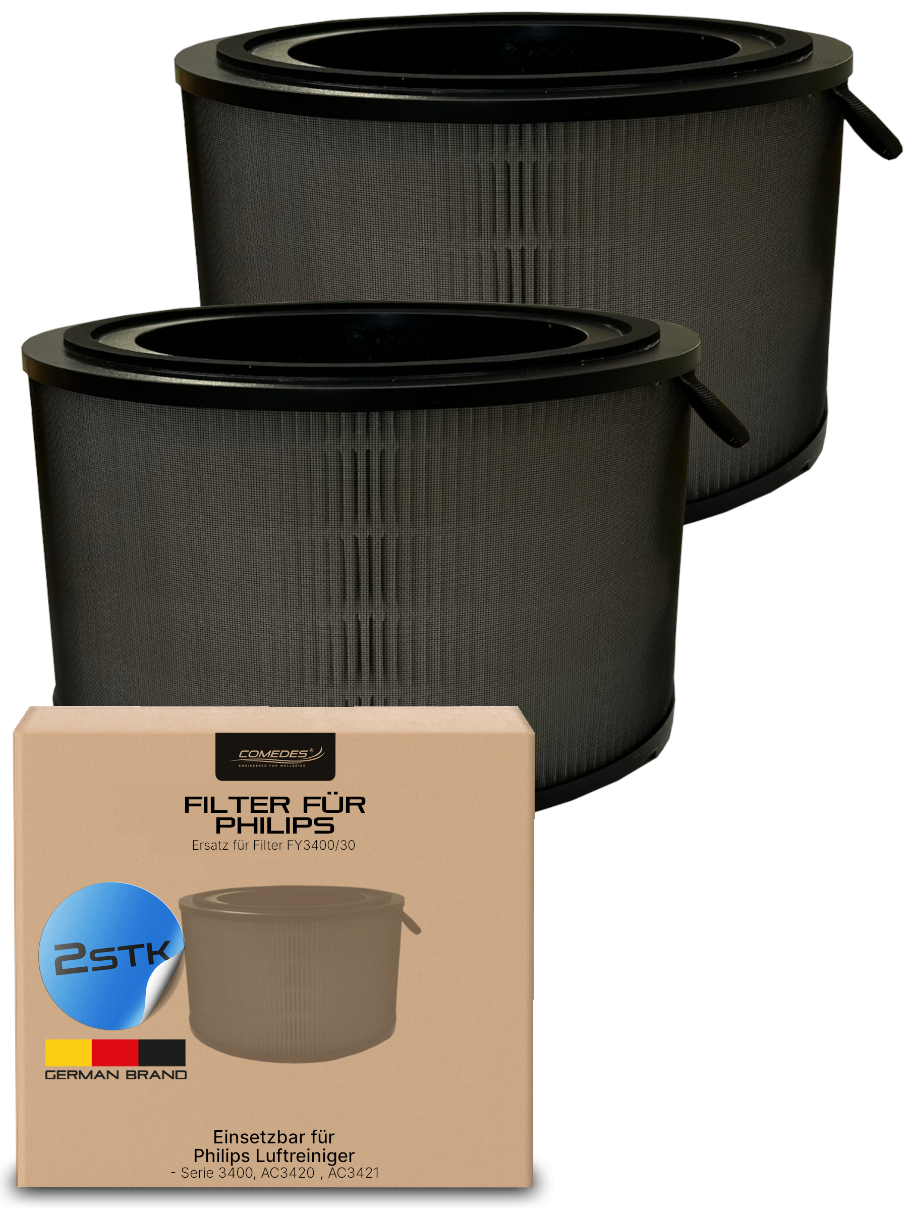 Zwei schwarze Luftfilter für Philips Luftreiniger, einer vor einer Box.