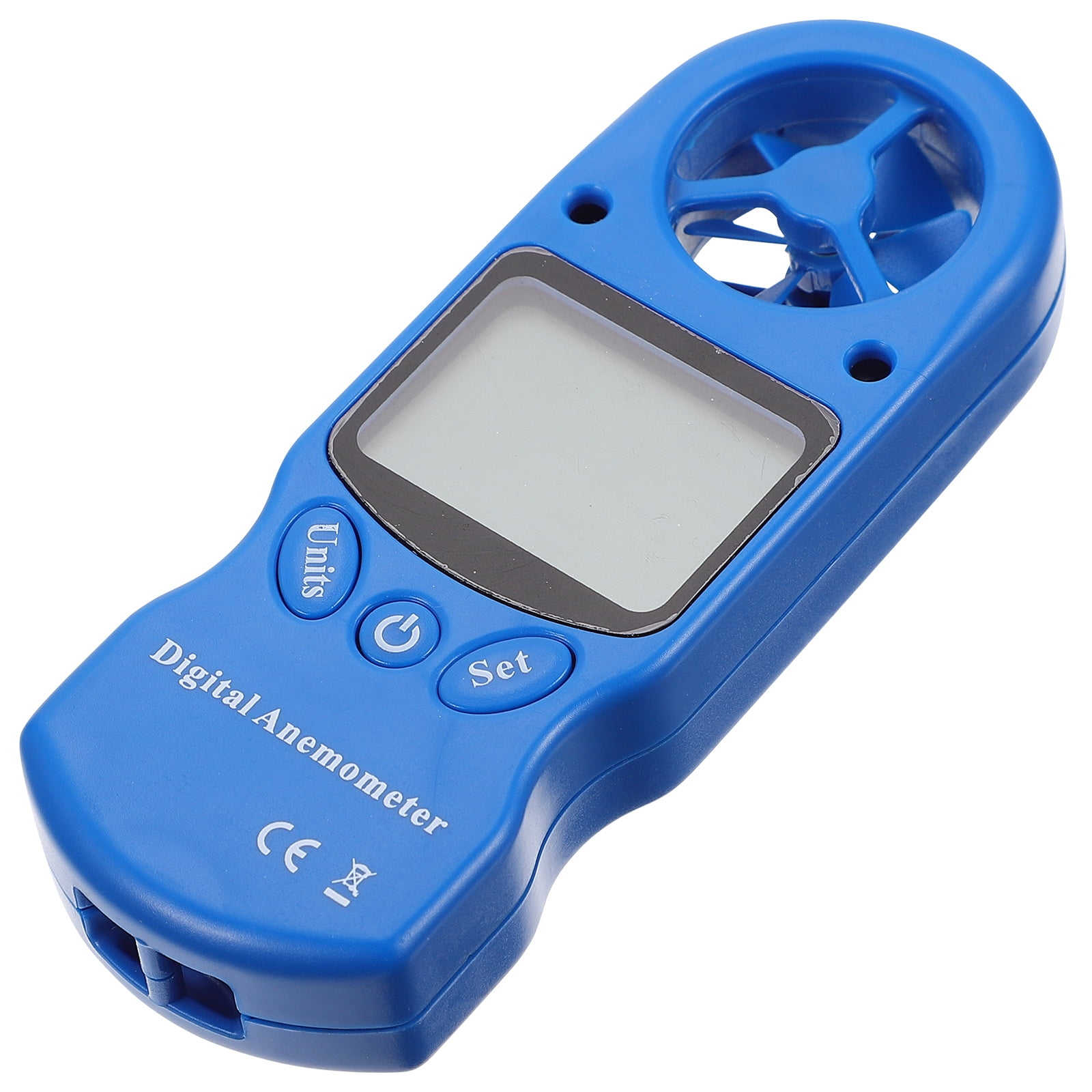 Blauer digitaler Anemometer mit LCD-Bildschirm und Propeller.