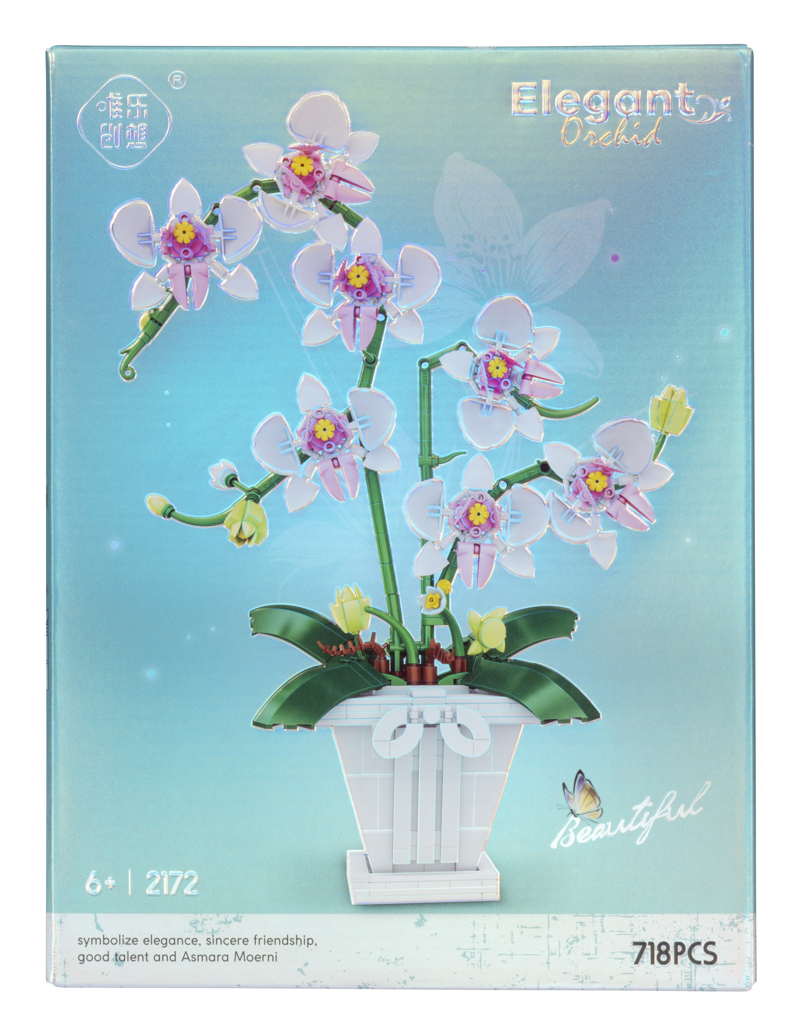 Ein Modell einer Orchidee mit weißen, rosa und gelben Blüten in einem weißen Topf. Text: "Elegant Orchid".
