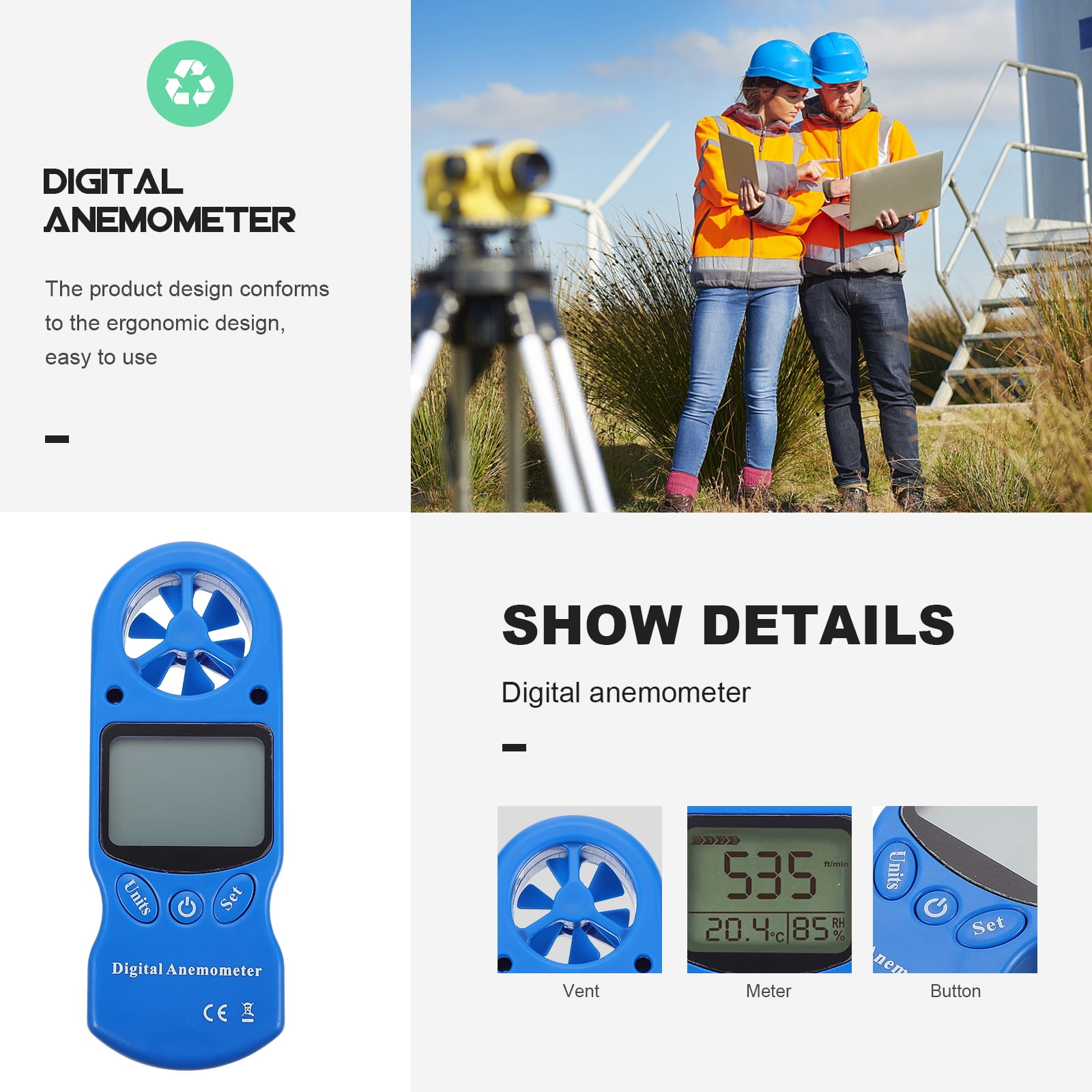 Blauer Digital-Anemometer mit Lüfter, Anzeige und Tasten. Zwei Personen prüfen Daten im Freien.