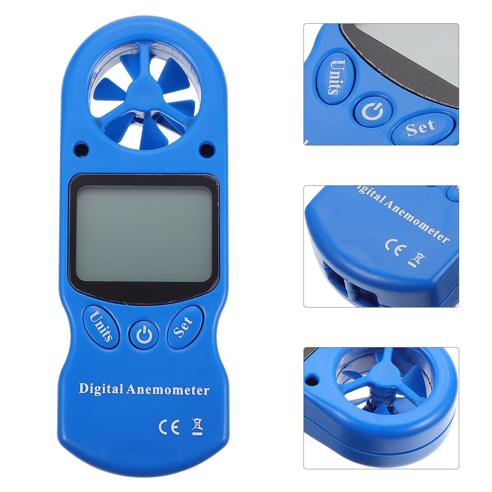 Ein blauer Digital-Anemometer mit Display und Lüfterrad.