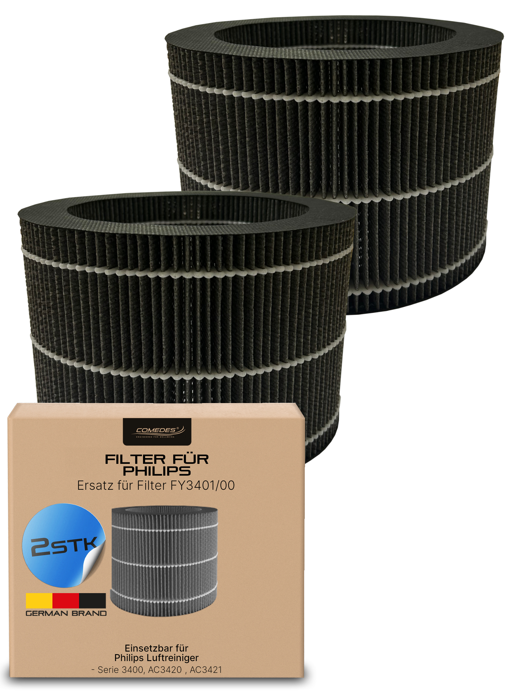 Zwei runde, schwarze Aktivkohlefilter für Philips Luftreiniger, auf einem Karton.