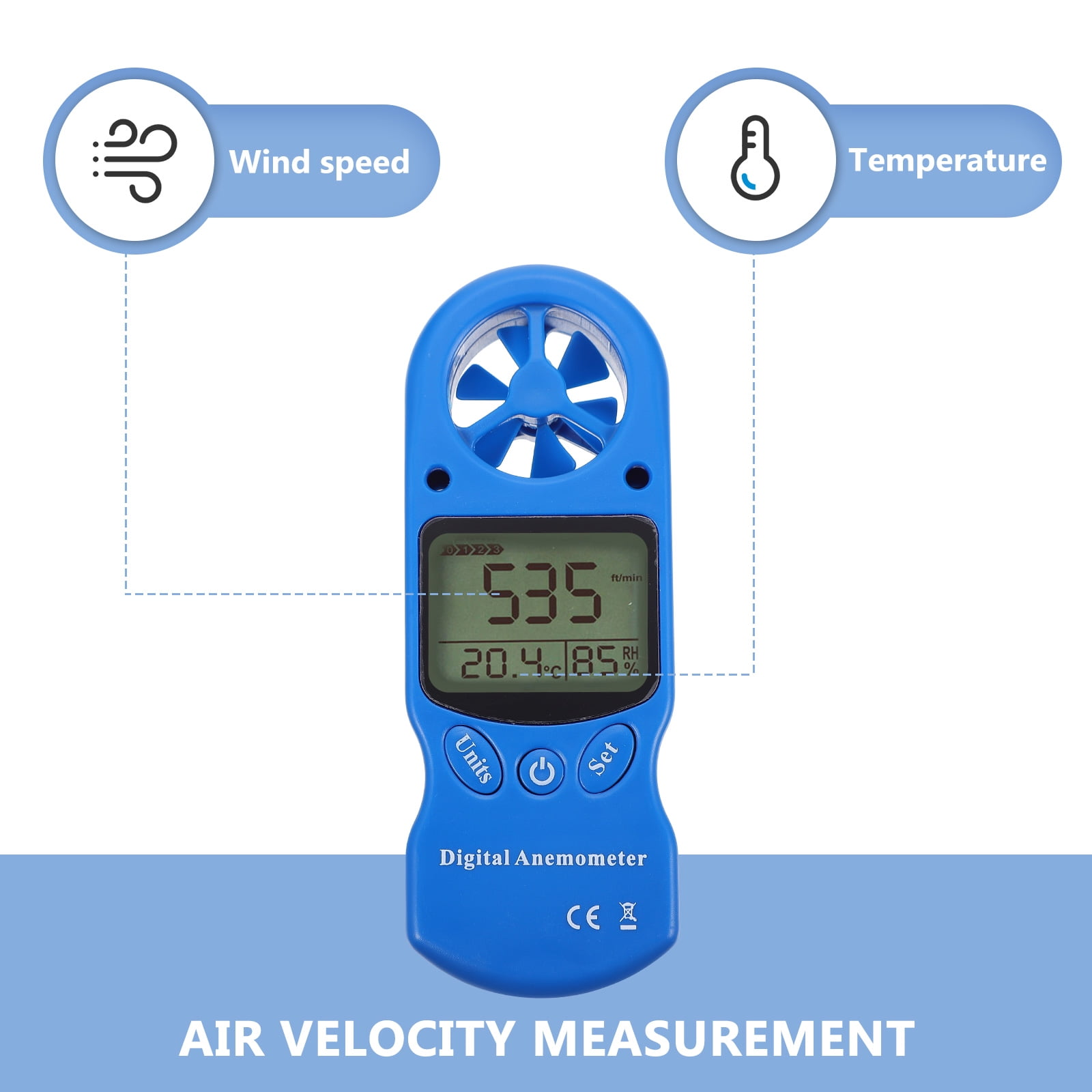 Ein blaues digitales Anemometer zeigt Windgeschwindigkeit, Temperatur und Luftfeuchtigkeit an.