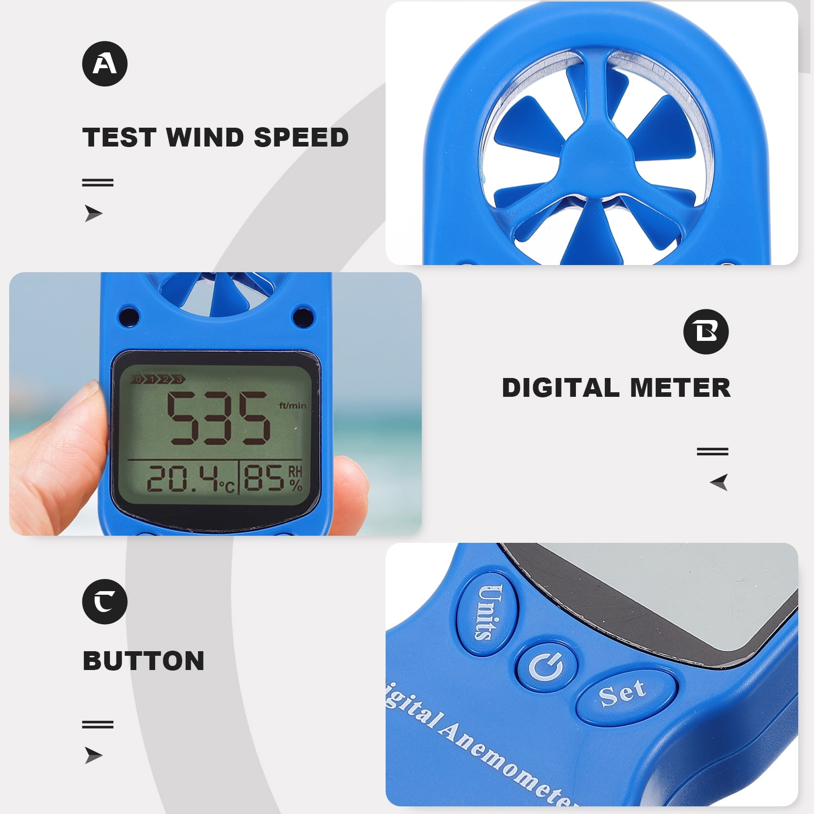 Blaues digitales Anemometer zeigt Windgeschwindigkeit, Temperatur und Luftfeuchtigkeit an.