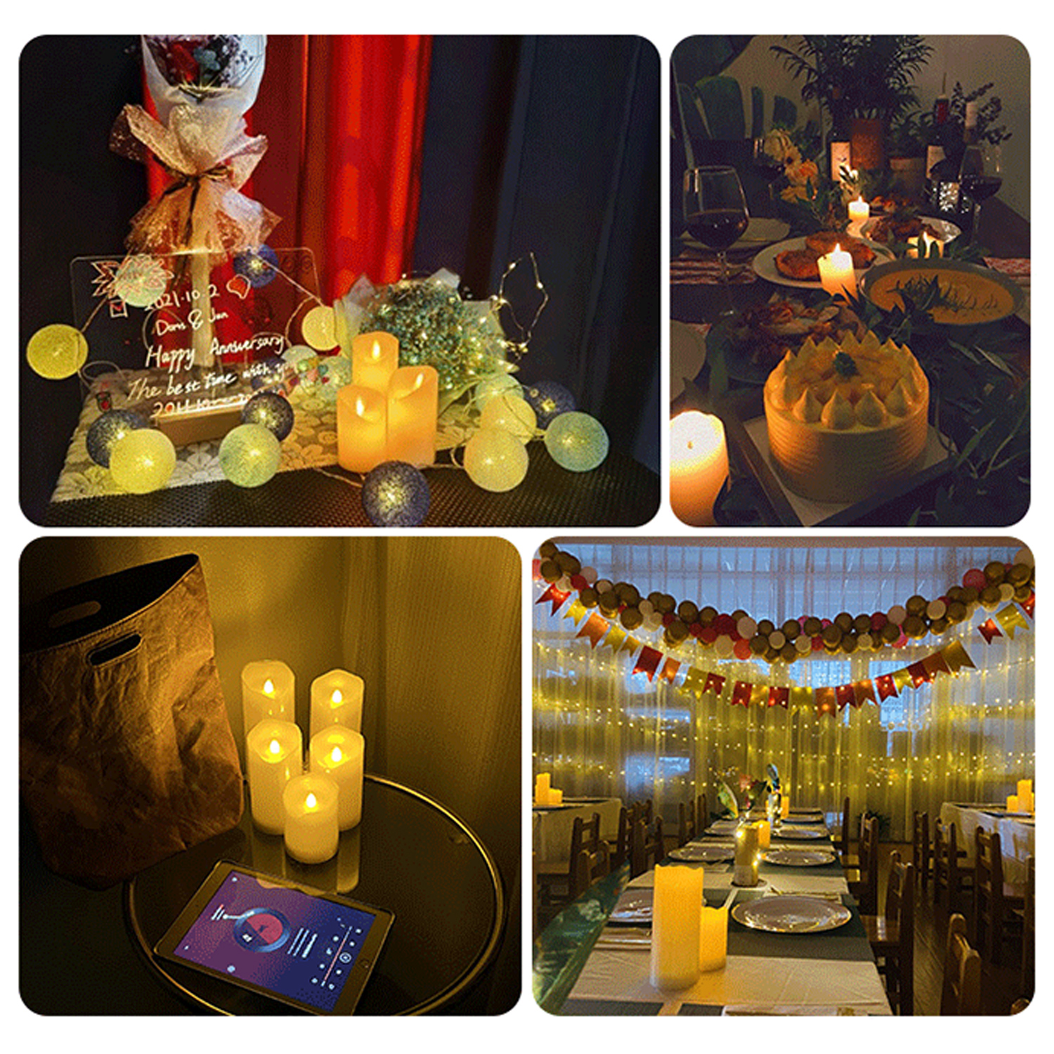 Kolaż czterech zdjęć przedstawiający romantyczne scenerie ze świecami, balonami i ciastem.