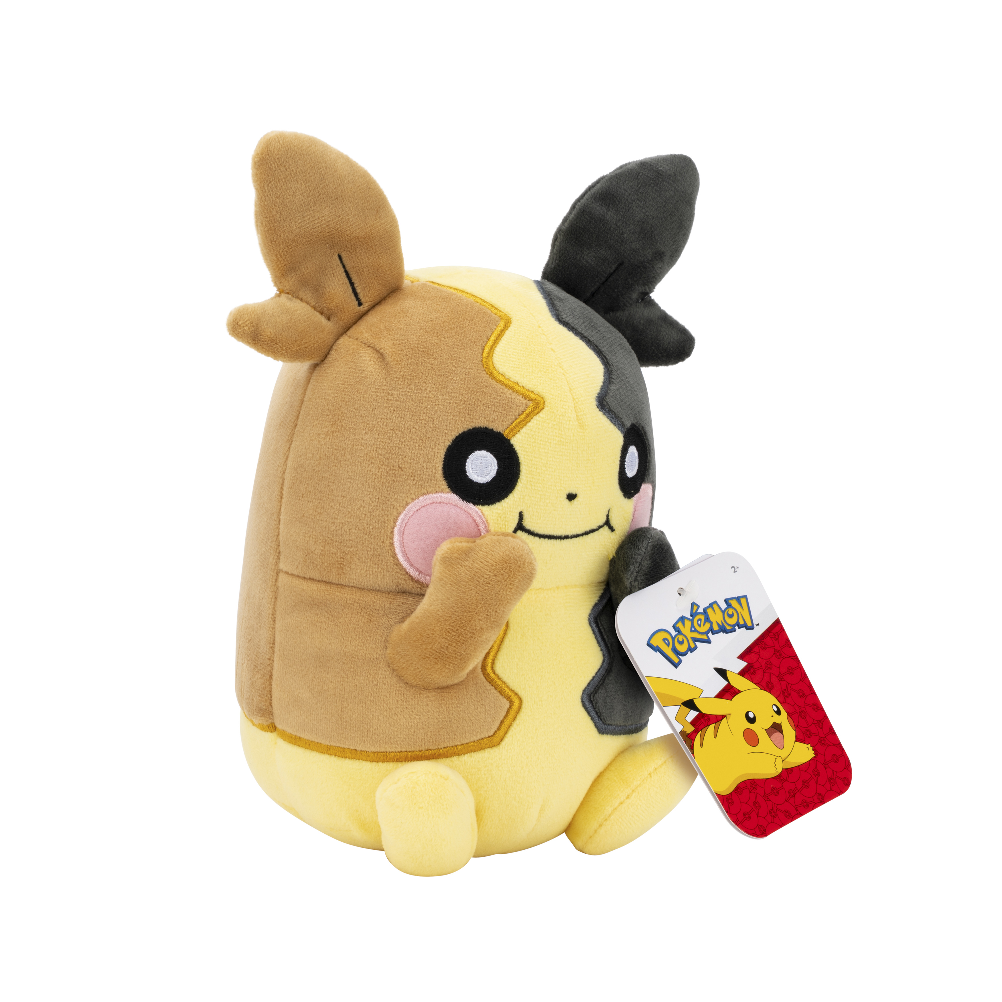 Un Pokémon en peluche marron et jaune avec des oreilles noires et une étiquette Pikachu.