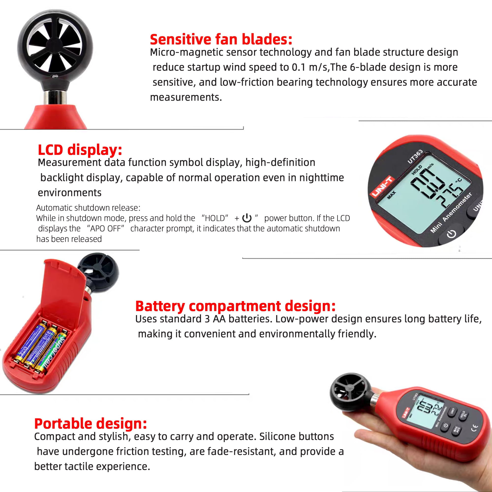 Rotes Anemometer mit LCD-Bildschirm zeigt 0,0 m/s und 27,5°C an. Merkmale sind Lüfterblätter, Batteriefach und Tasten.