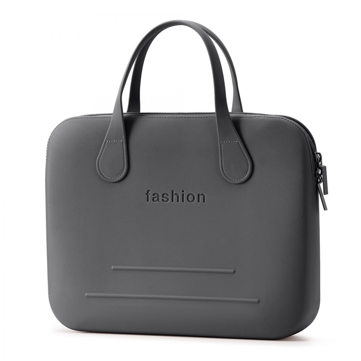 Eine graue Silikontasche mit zwei Griffen und Reißverschluss, mit eingeprägtem Wort 'fashion'.