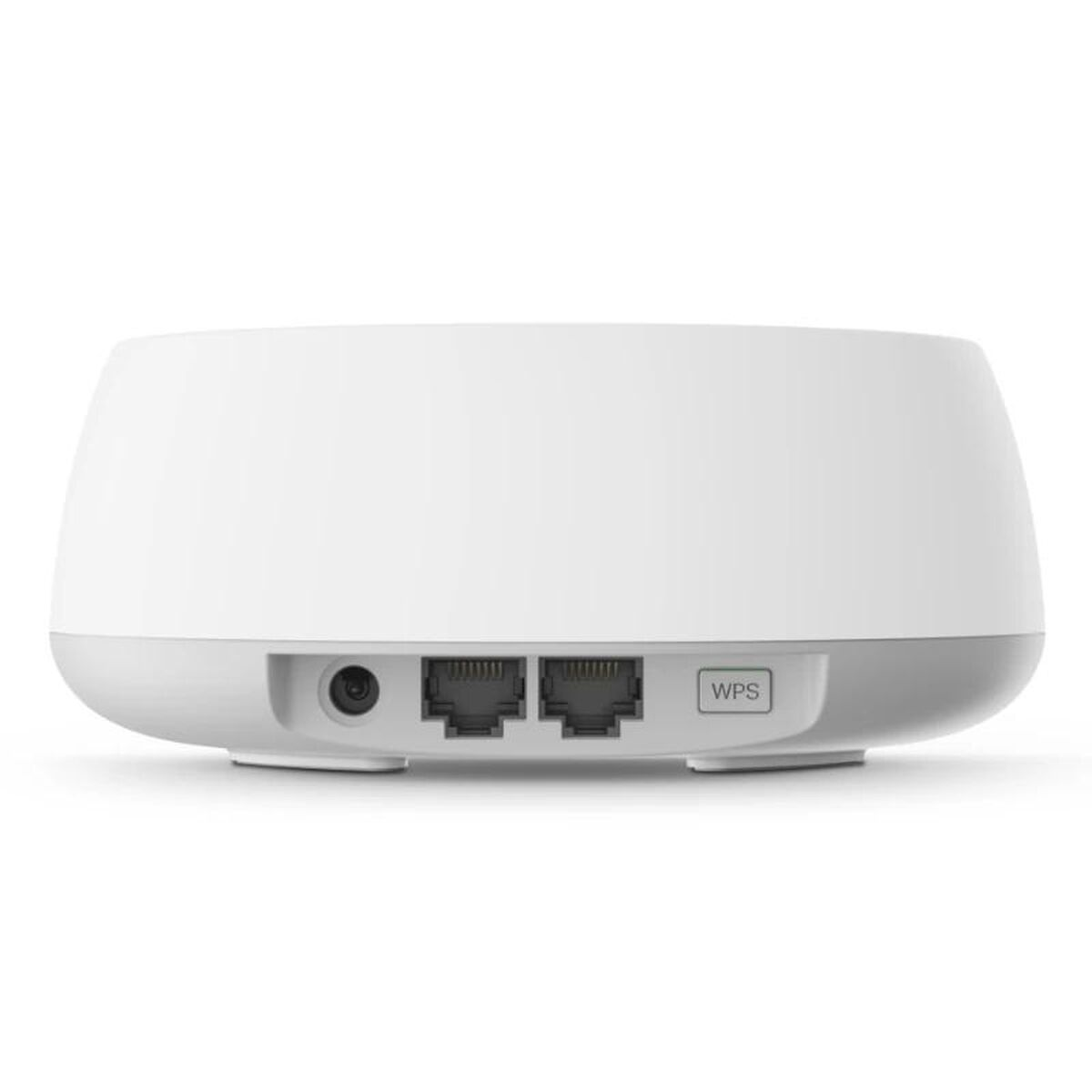 Weißer Router mit Stromanschluss, zwei Ethernet-Anschlüssen und WPS-Taste auf der Rückseite.