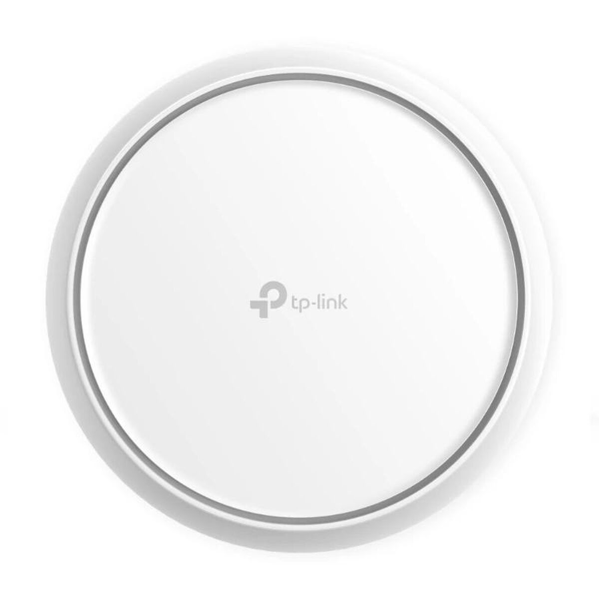 Ein weißes, rundes TP-Link-Gerät mit seinem Logo in der Mitte vor weißem Hintergrund.