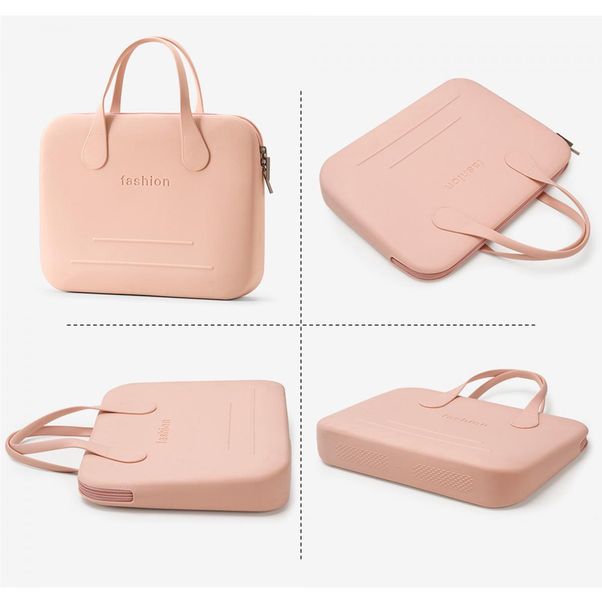 Eine rechteckige, rosafarbene Tasche mit Henkeln und dem Wort "fashion".