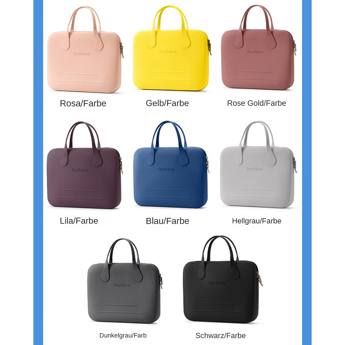 Neun stilvolle, quadratische Handtaschen in verschiedenen Farben: Rosa, Gelb, Roségold, Pflaume, Blau, Hellgrau, Dunkelgrau, Schwarz.